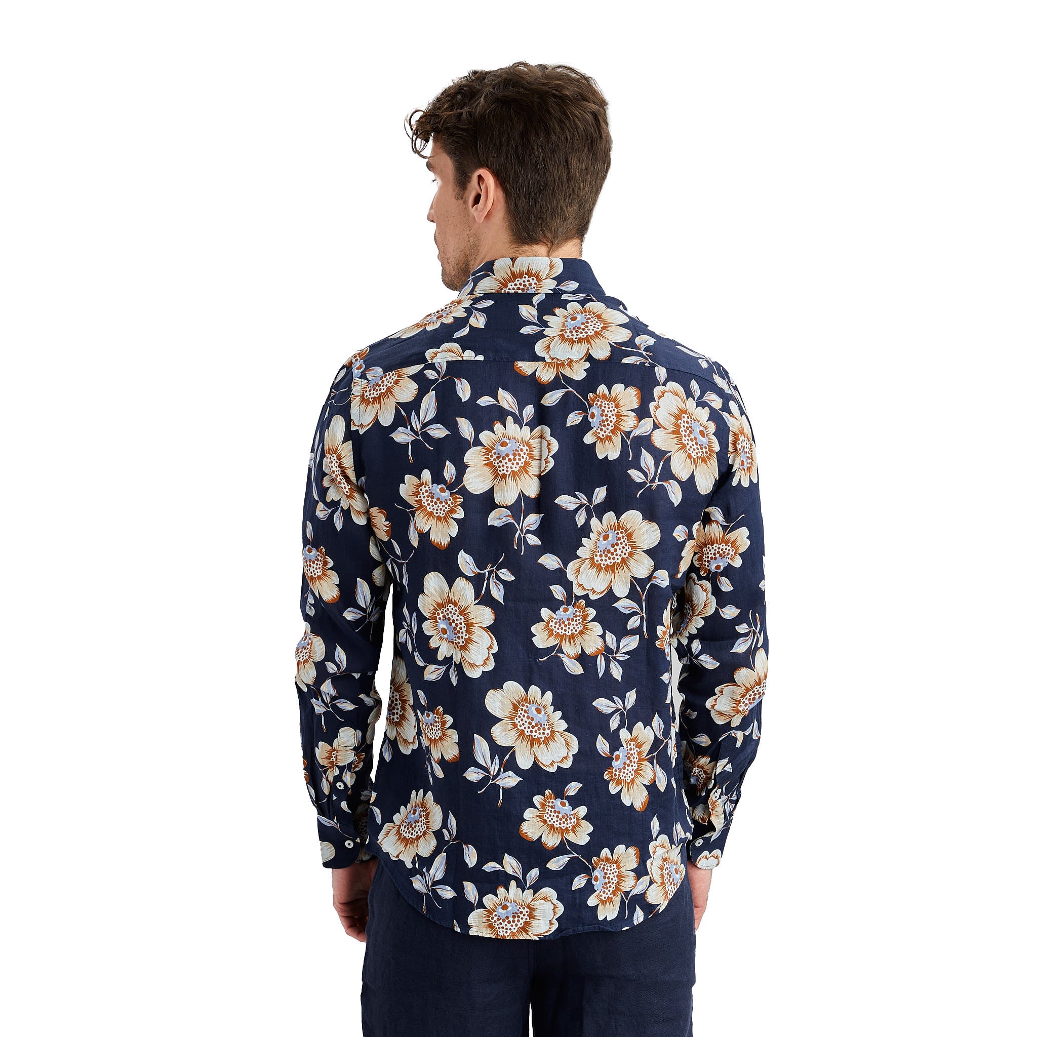 Marinblå Blommönstrad Linneskjorta