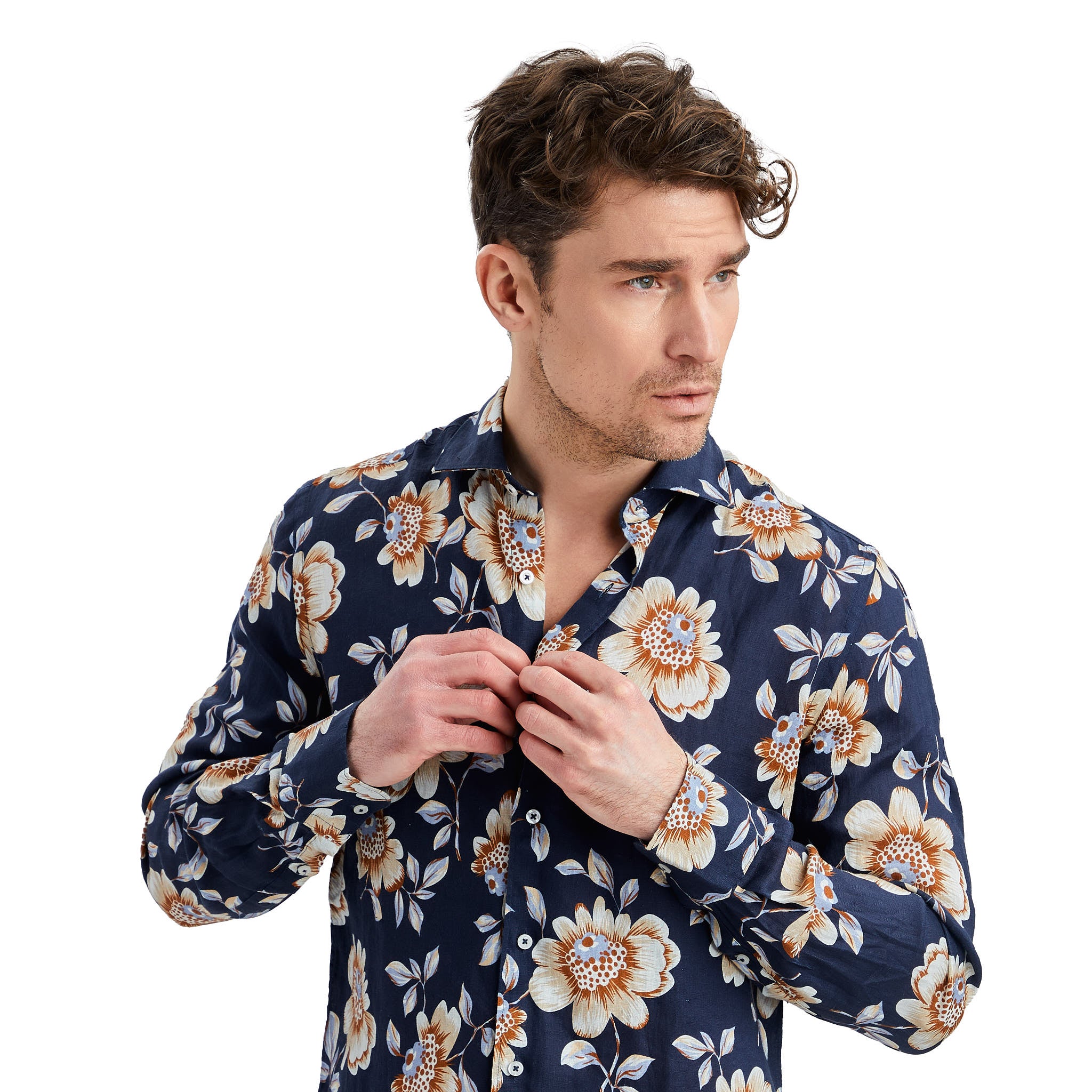 Marinblå Blommönstrad Linneskjorta