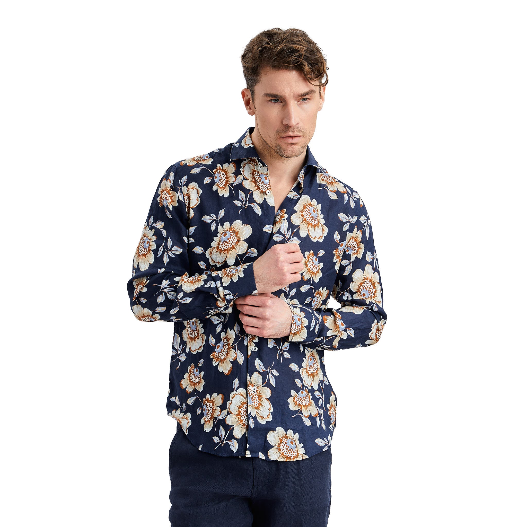 Marinblå Blommönstrad Linneskjorta