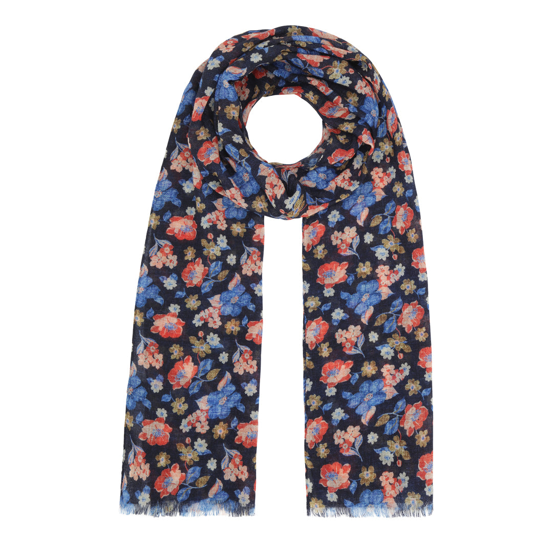 Navy Flower Print Wool Scarf