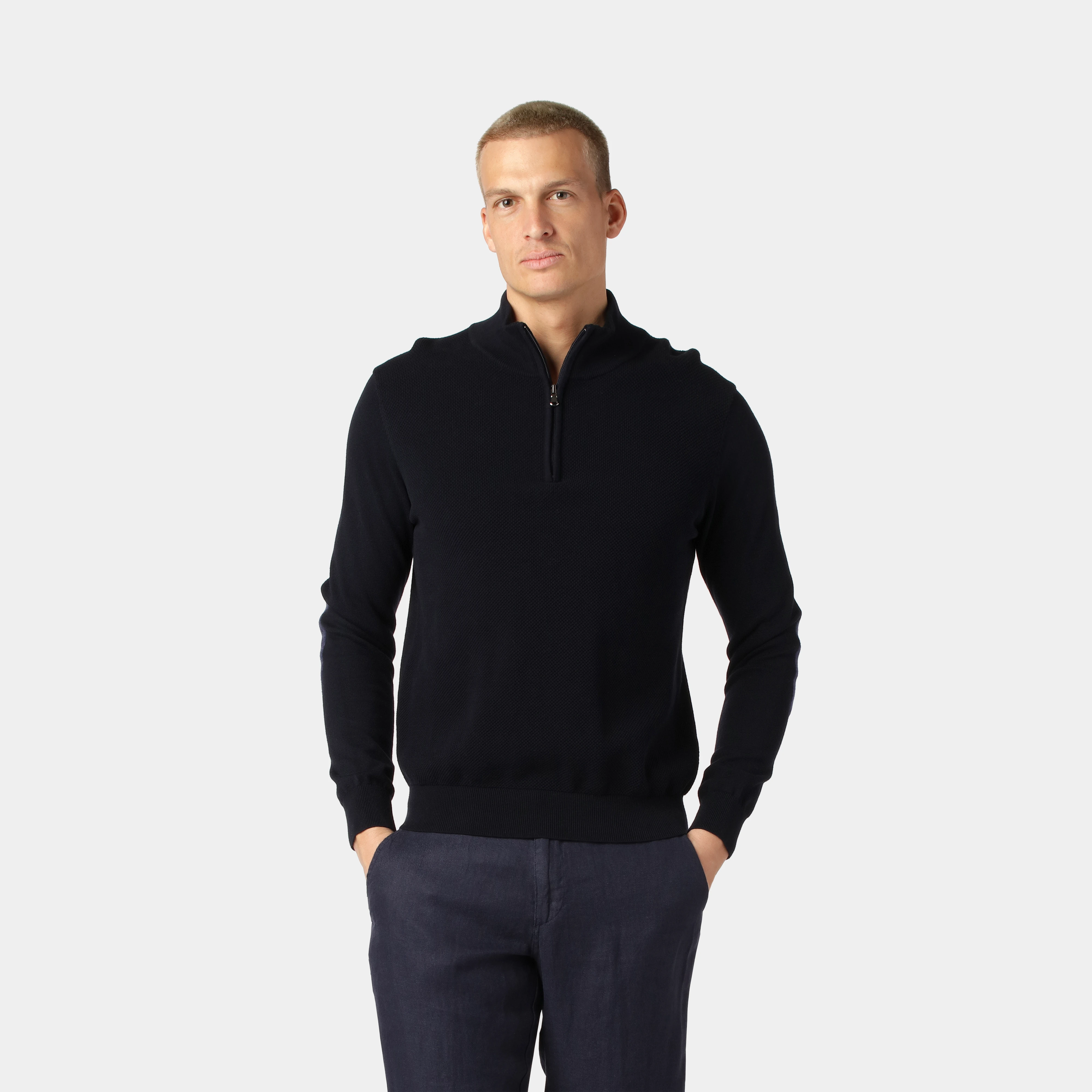 Marinblå Slätstickad Half-Zip Tröja