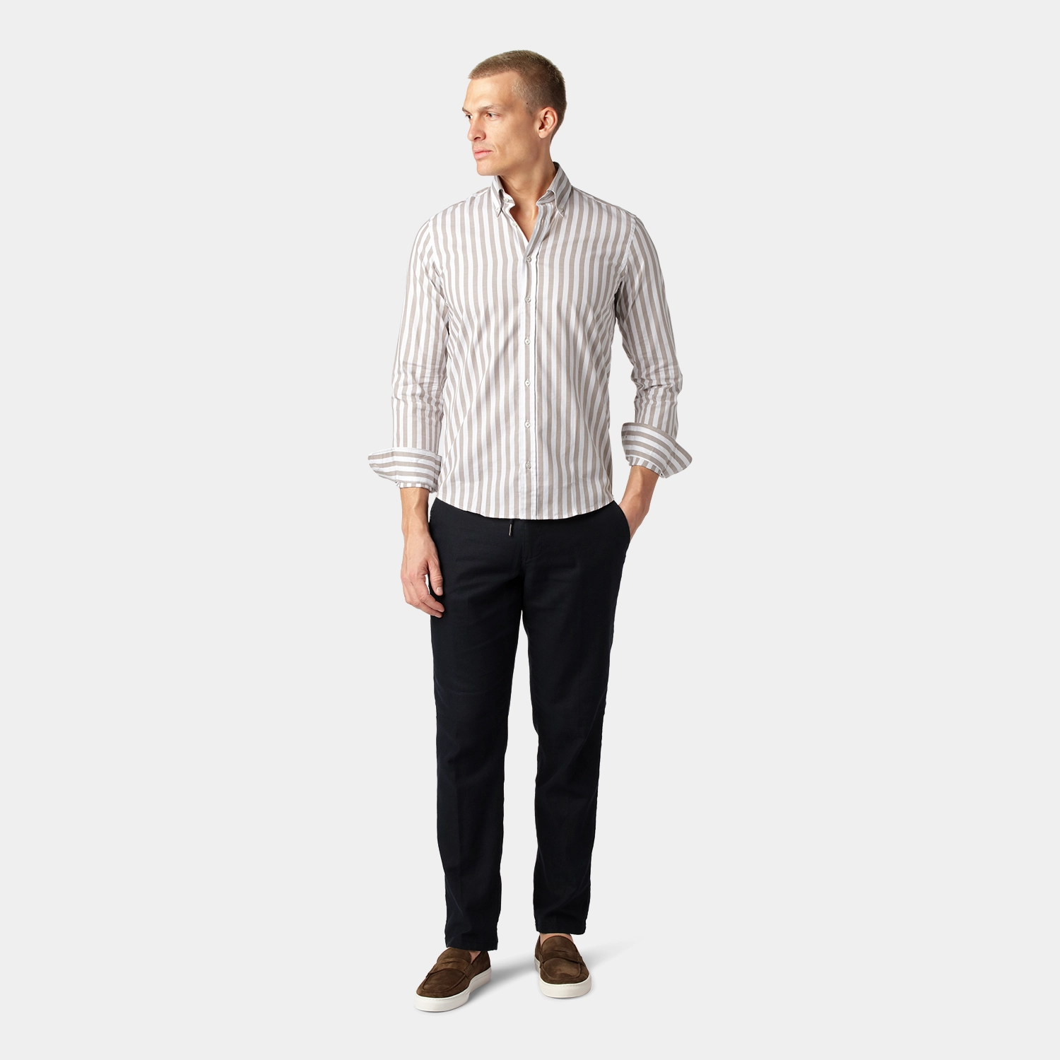 Beige Randig Oxfordskjorta