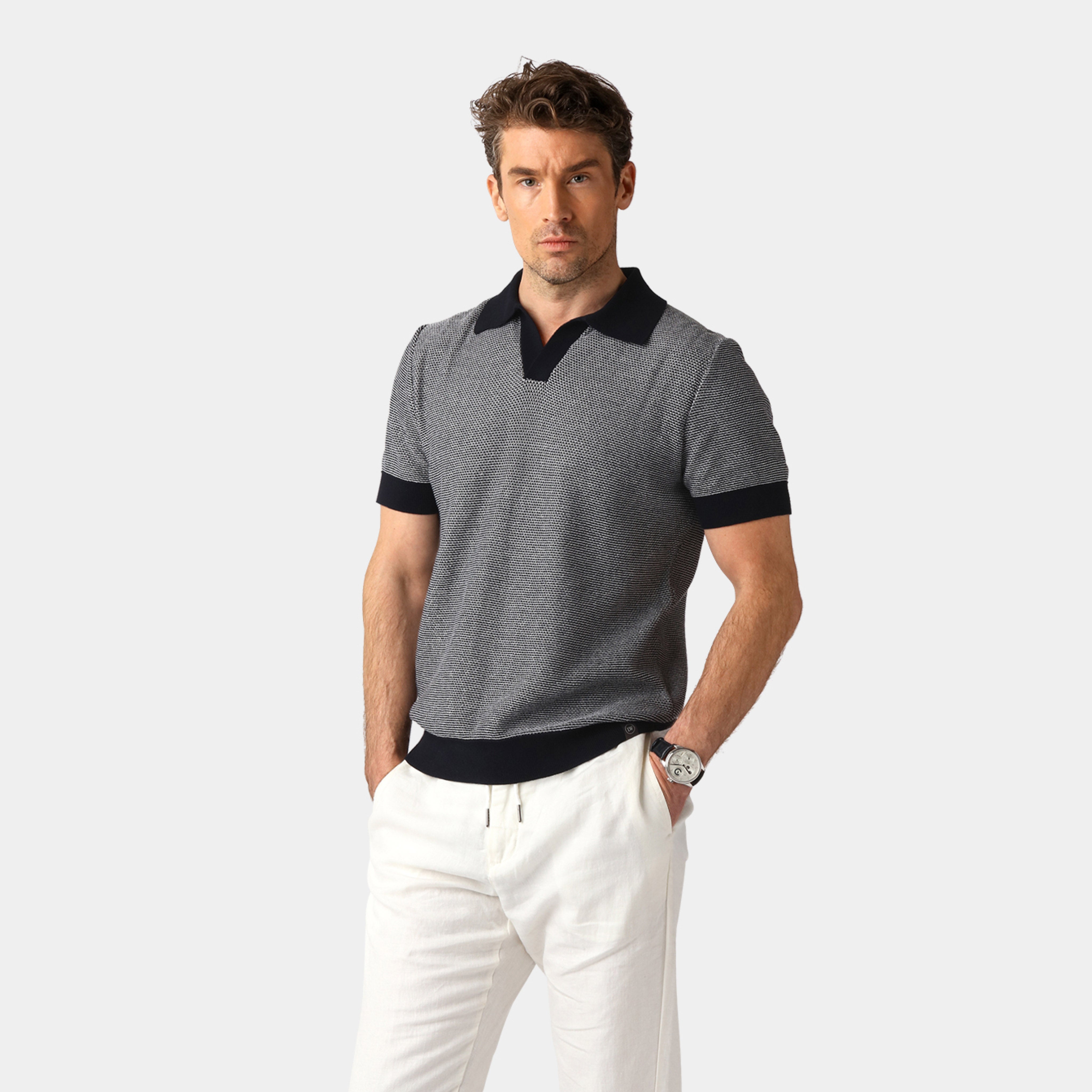 Navy Jacquard Knitted Polo