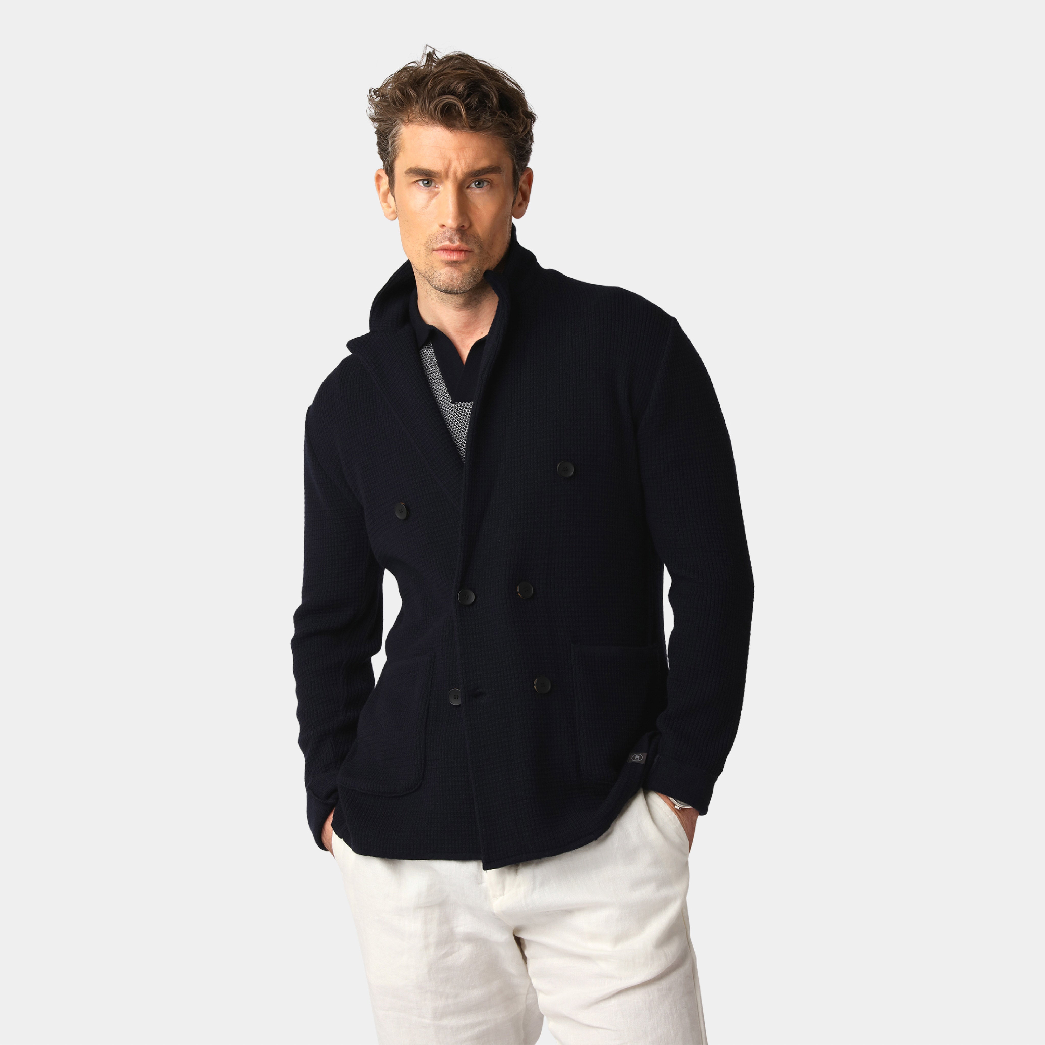 Navy Tuck Stitch Blazer – 100% Merino Wool