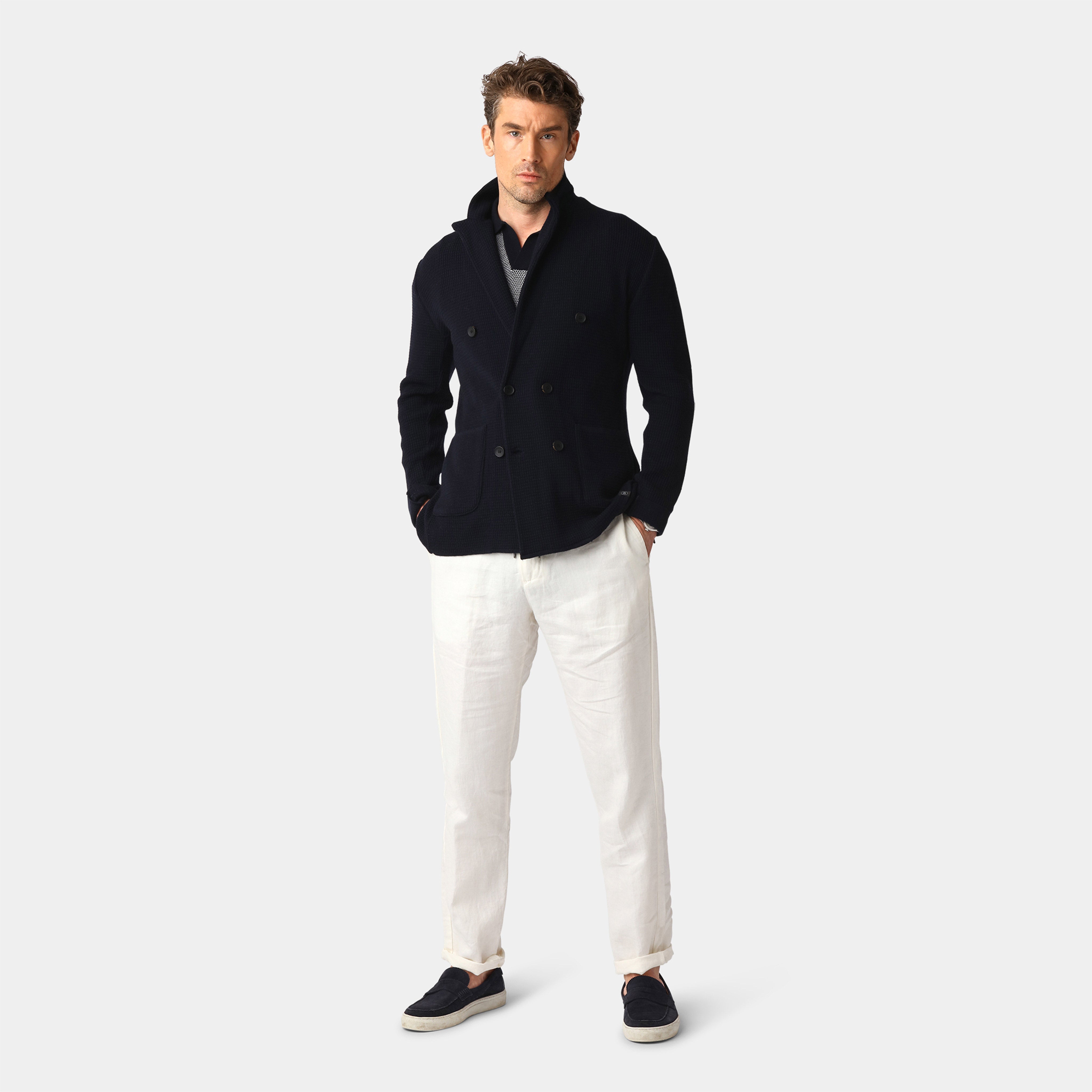 Navy Tuck Stitch Blazer – 100% Merino Wool