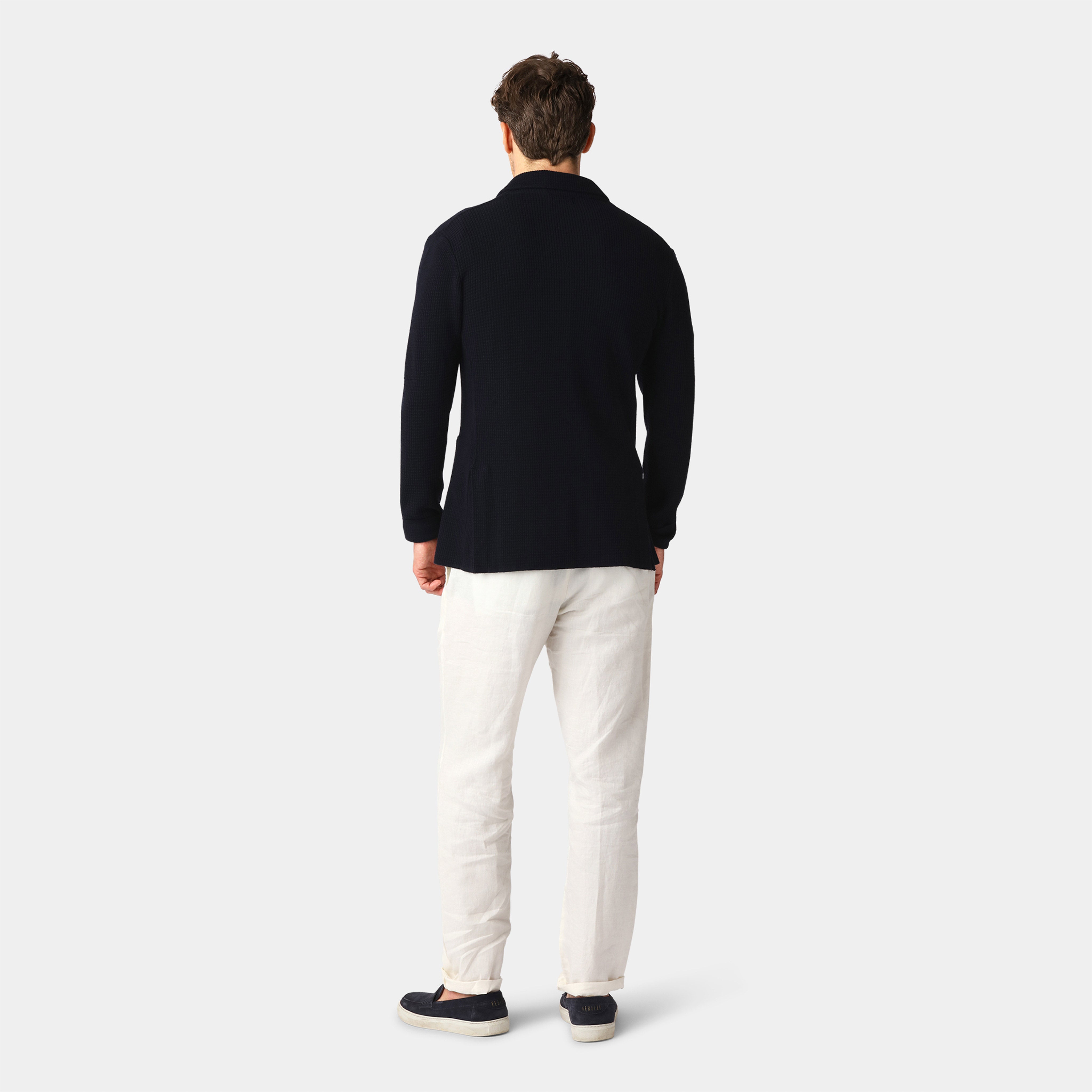 Navy Tuck Stitch Blazer – 100% Merino Wool