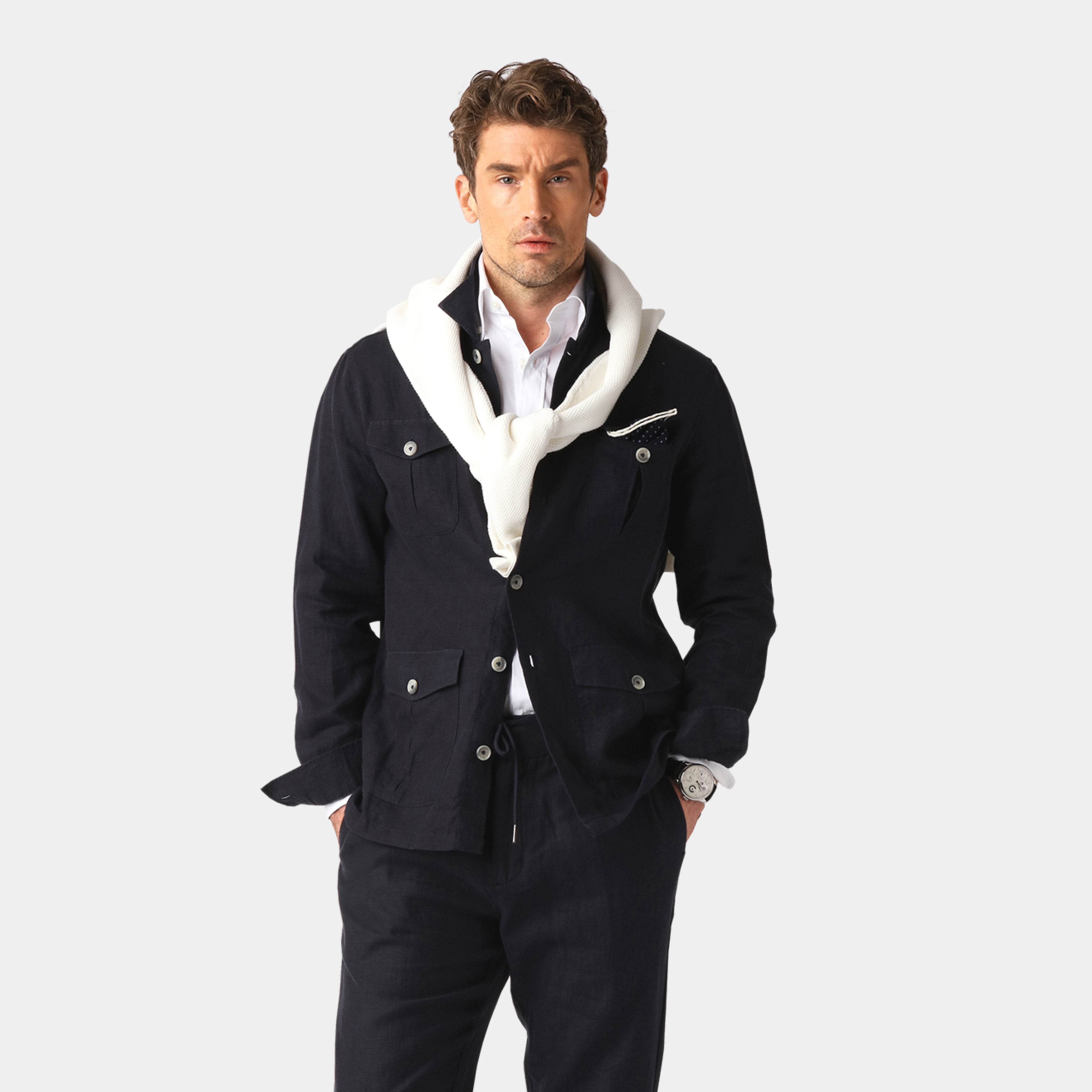 Navy Safari Linen Shirt - 100% Linen