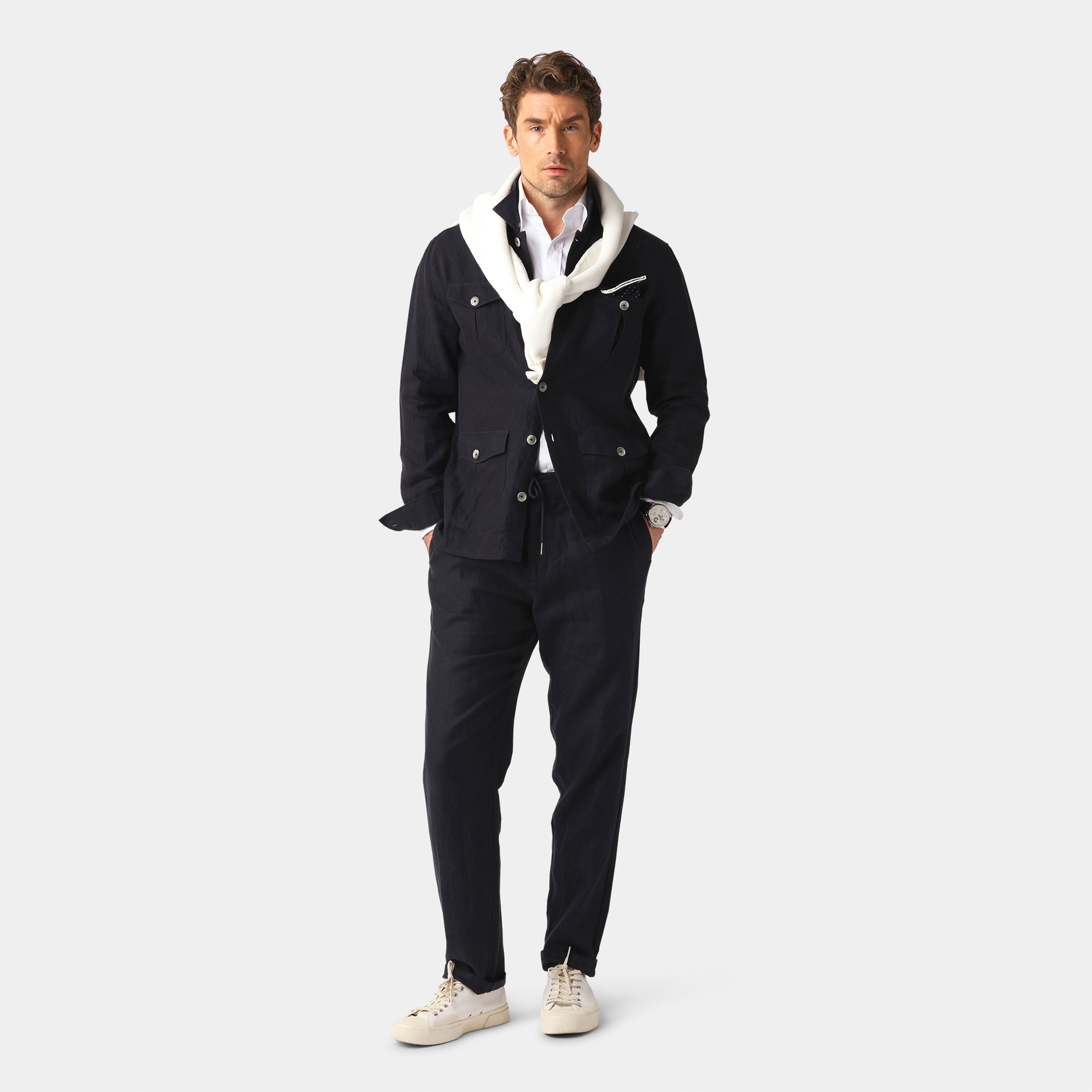 Navy Safari Linen Shirt - 100% Linen