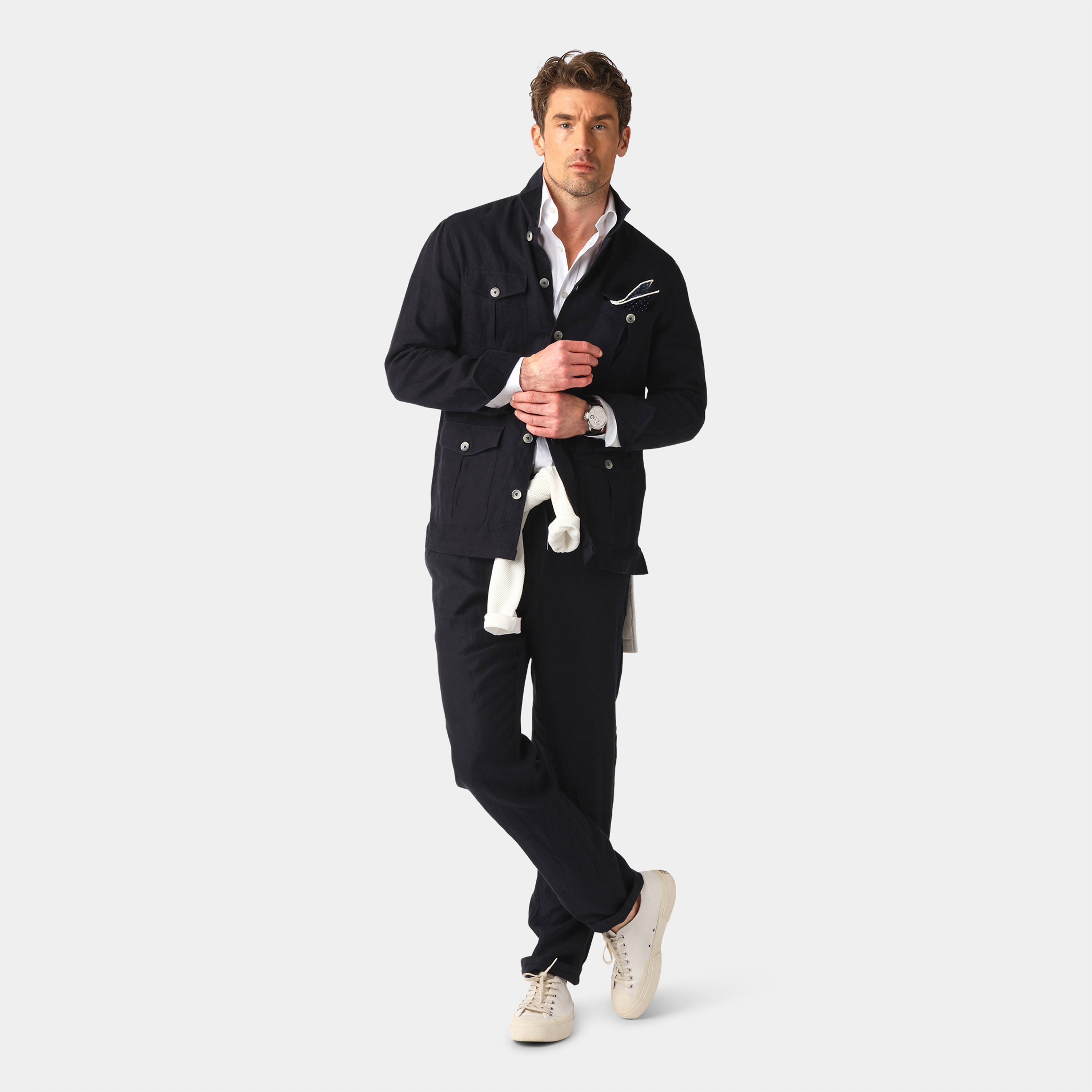 Navy Safari Linen Shirt - 100% Linen