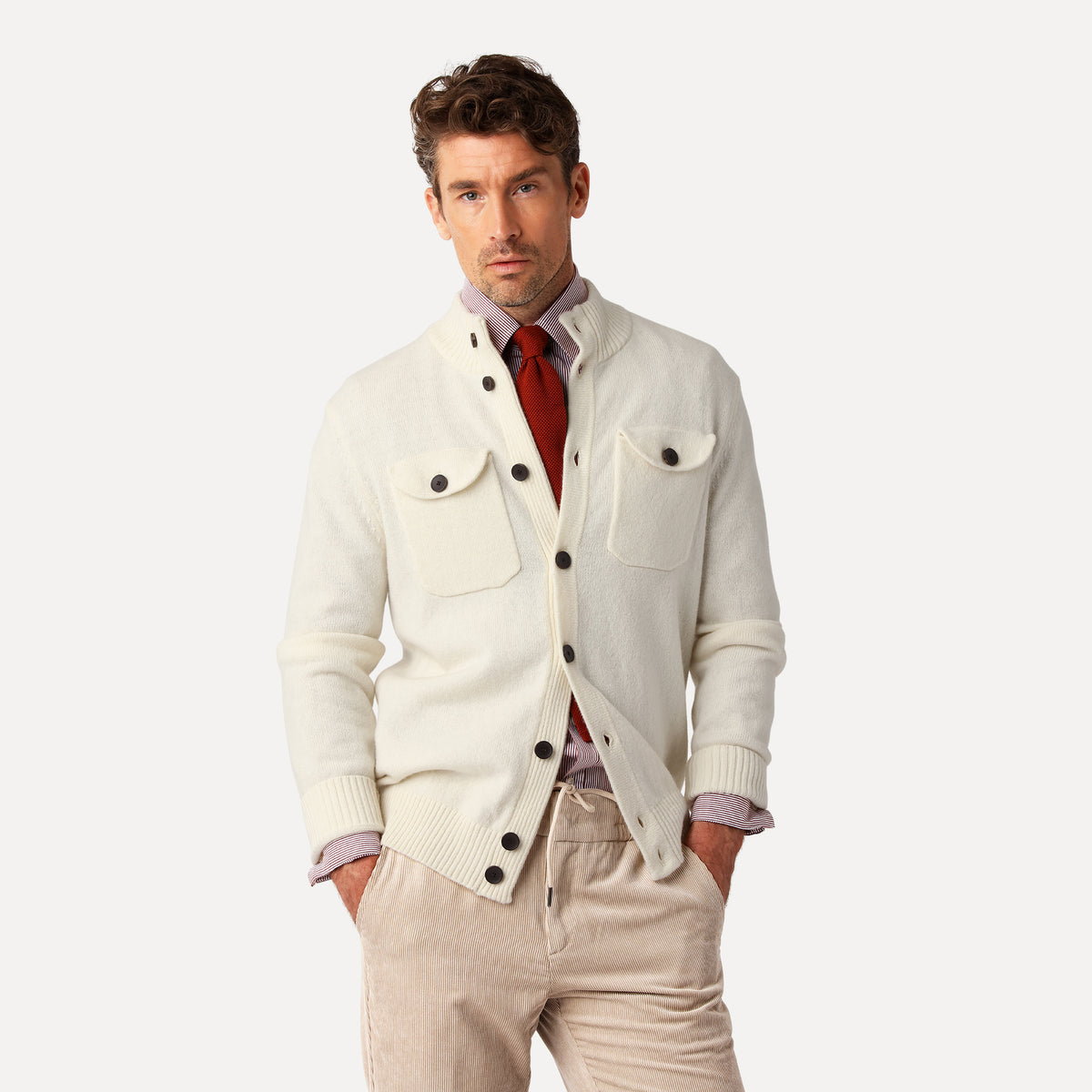 Cardigan med Fickor, Off-white