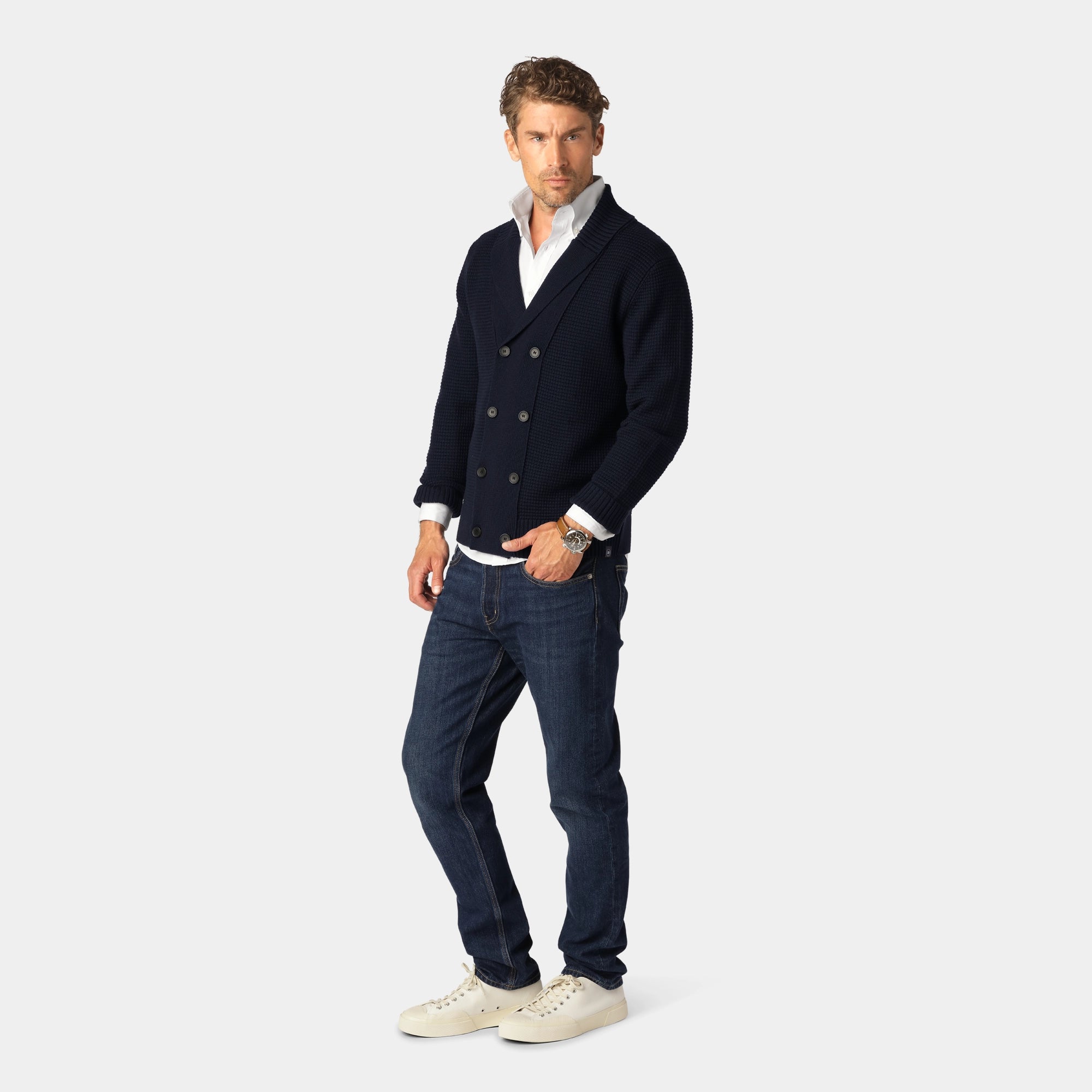 Navy Merino Double-Breasted Cardigan