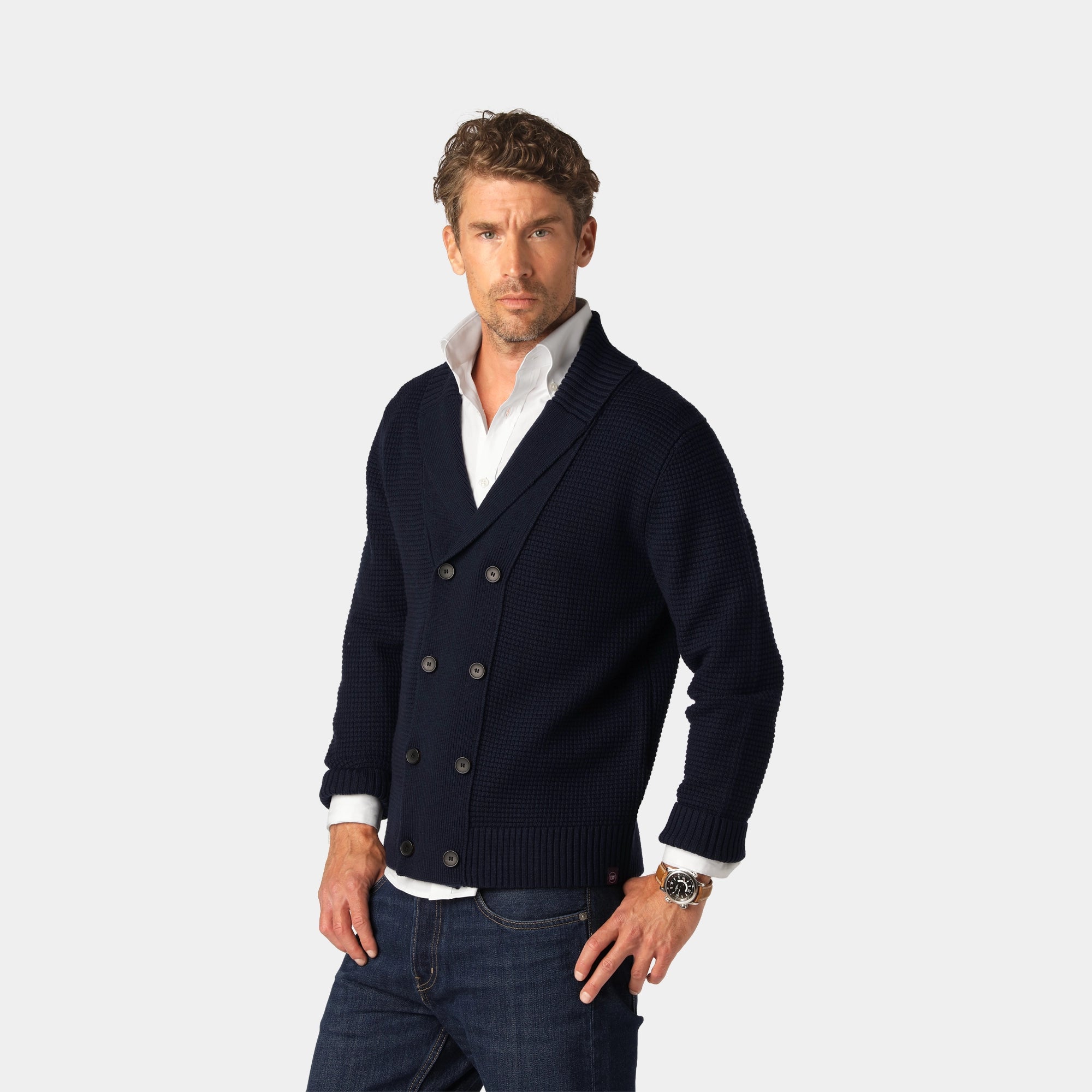 Navy Merino Double-Breasted Cardigan