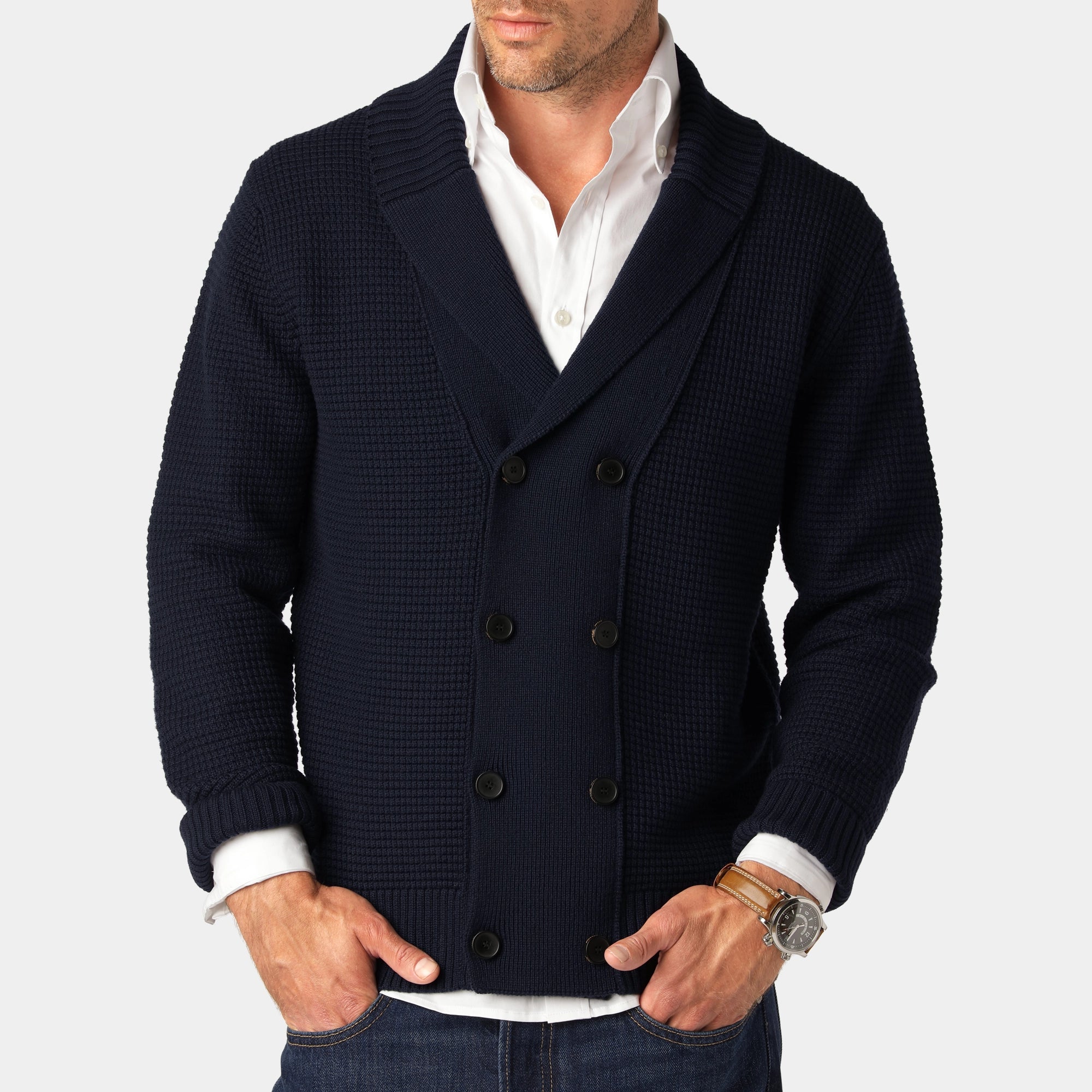 Navy Merino Double-Breasted Cardigan
