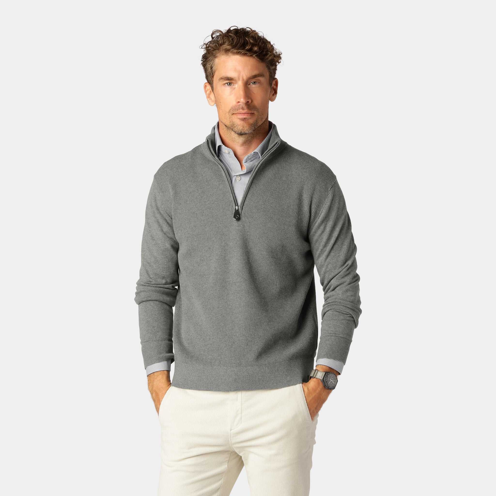 Grå stickad Half-Zip-tröja