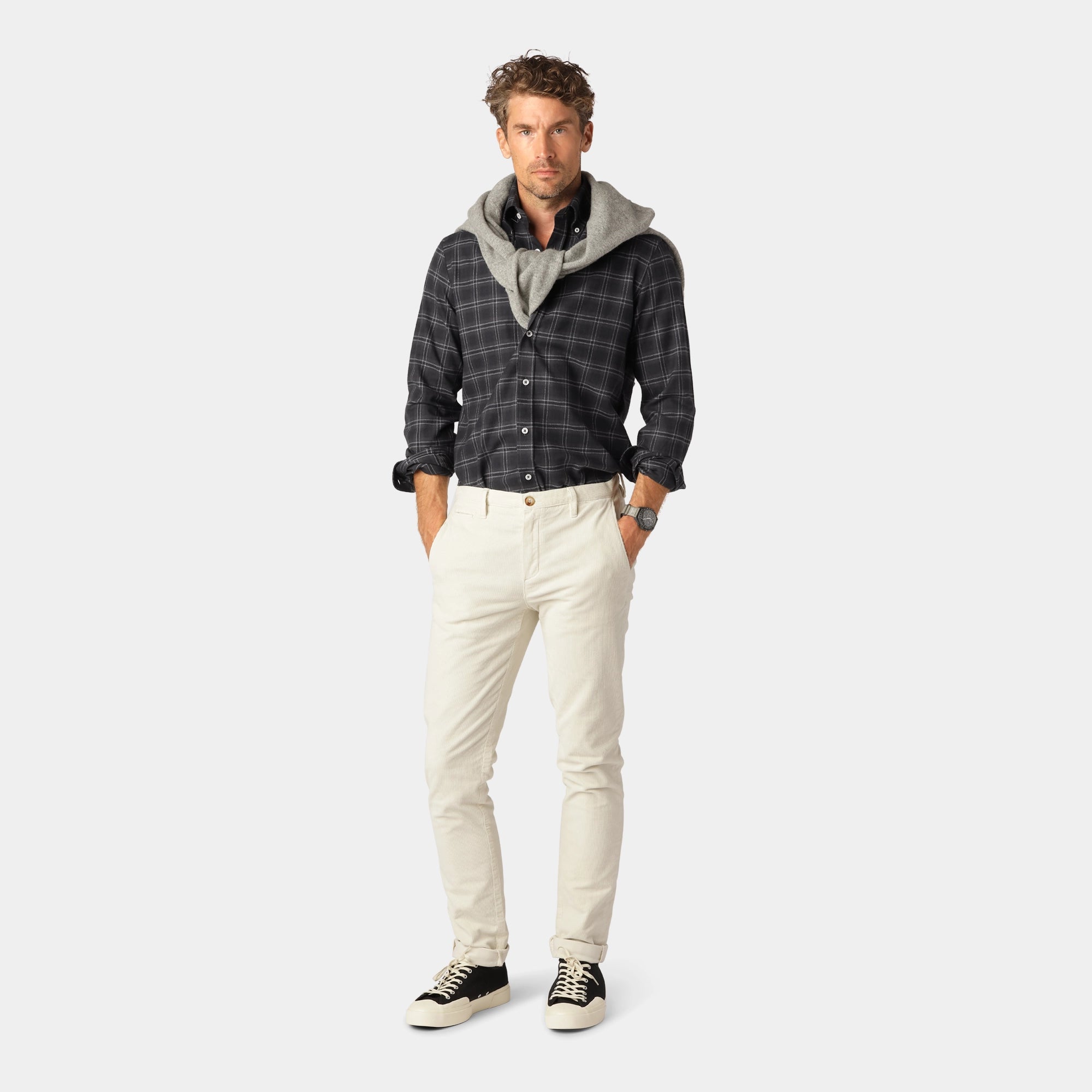 Grå Rutig Twill Flanellskjorta