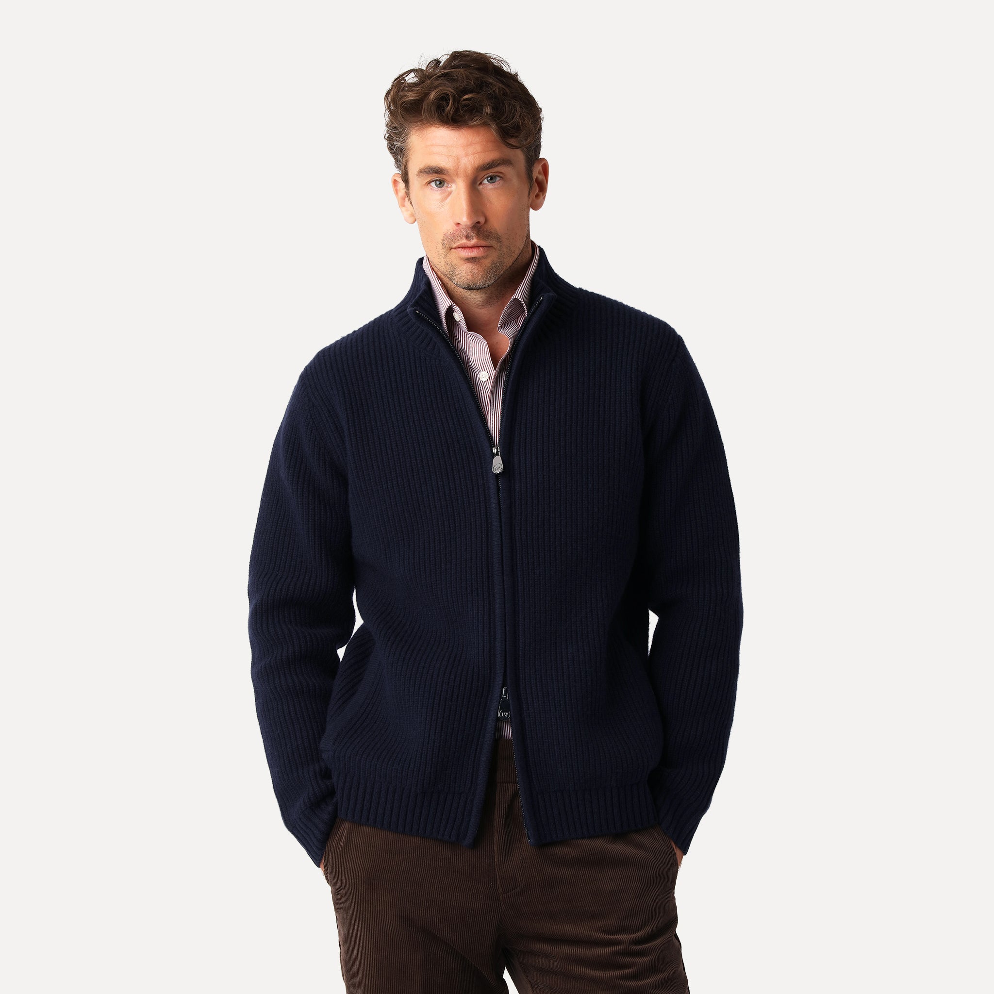 Ribbstickad Cardigan, Marinblå