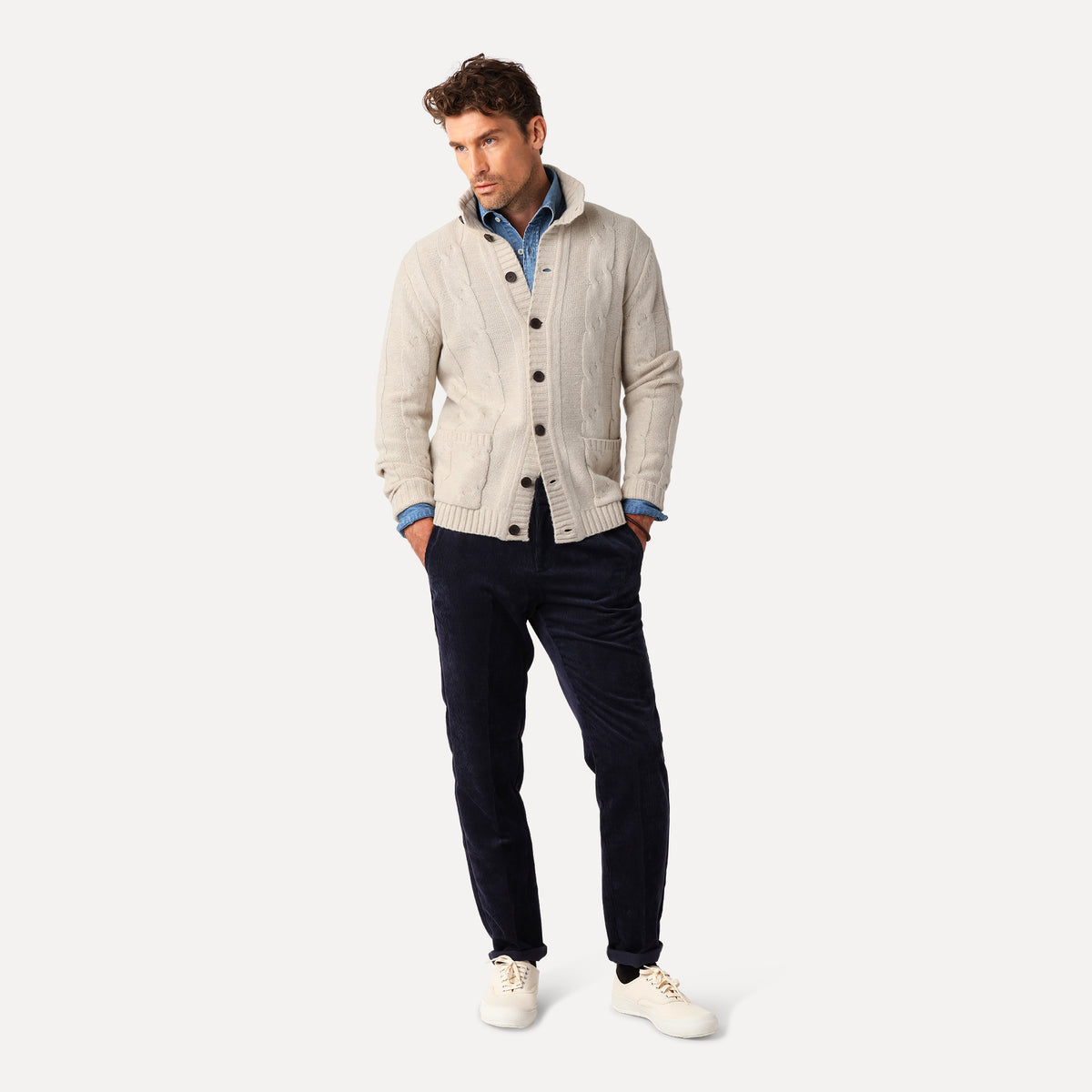 Grovstickad Kabelcardigan, Ljus Sand