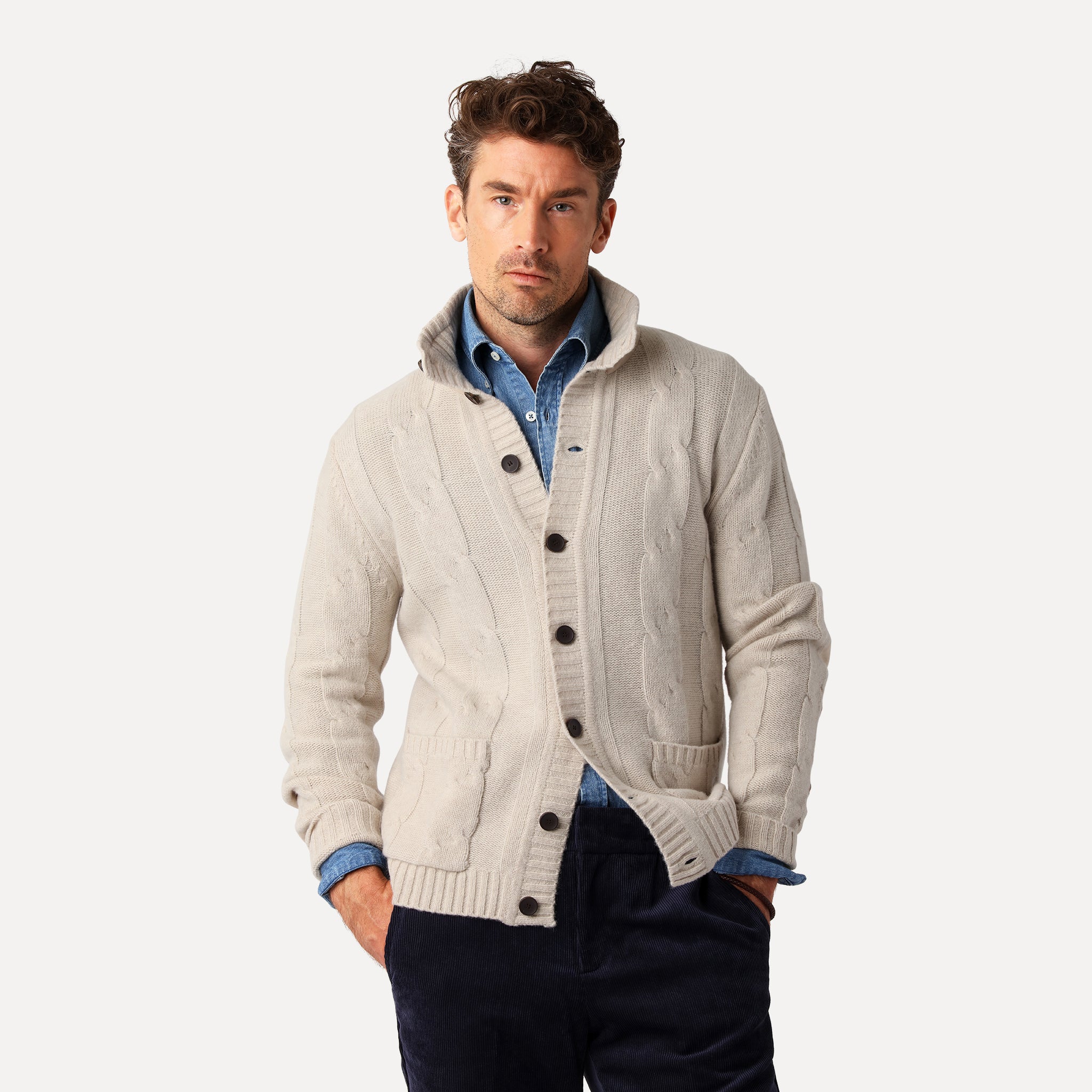 Grovstickad Kabelcardigan, Ljus Sand