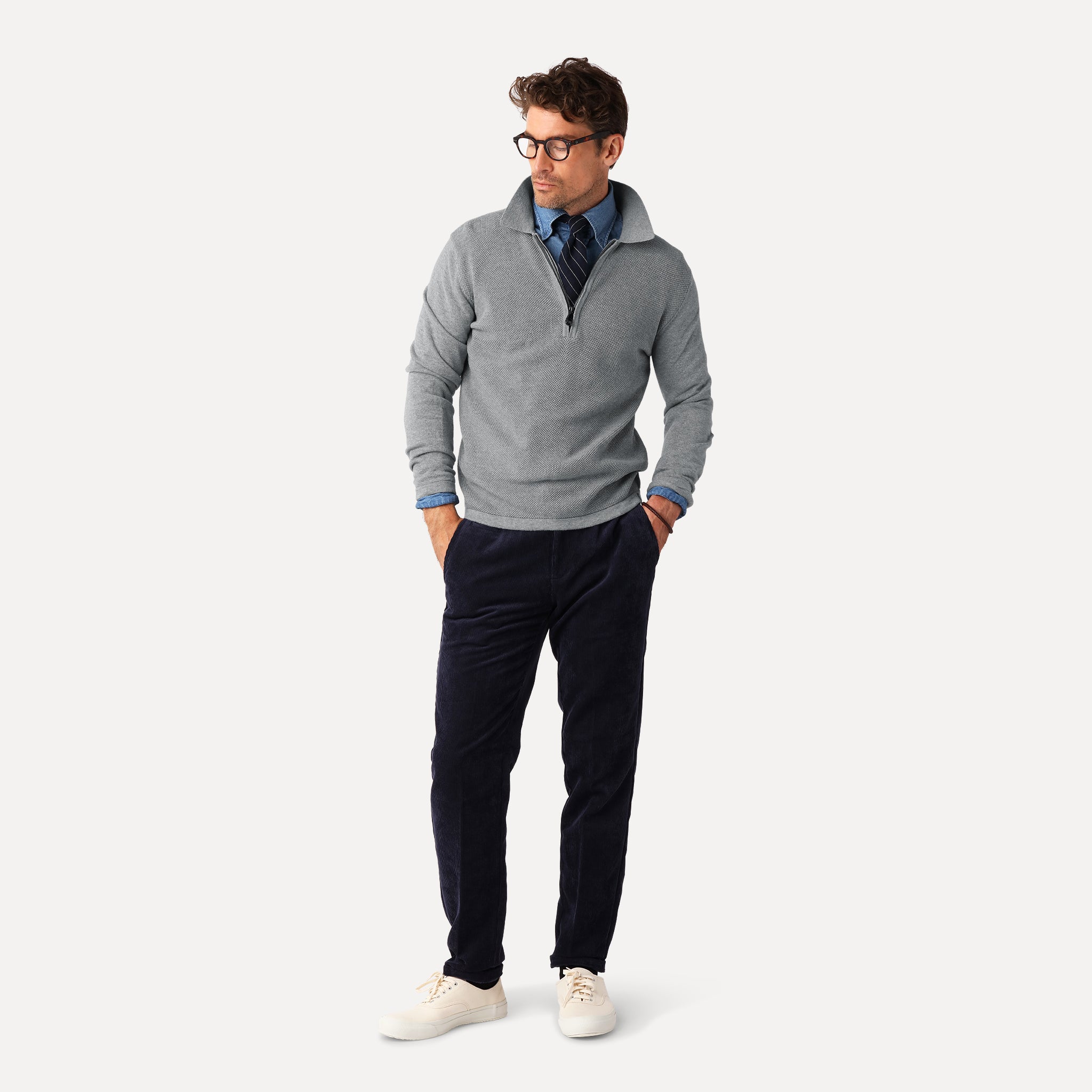 Half Zip i Bomull, Ljusgrå