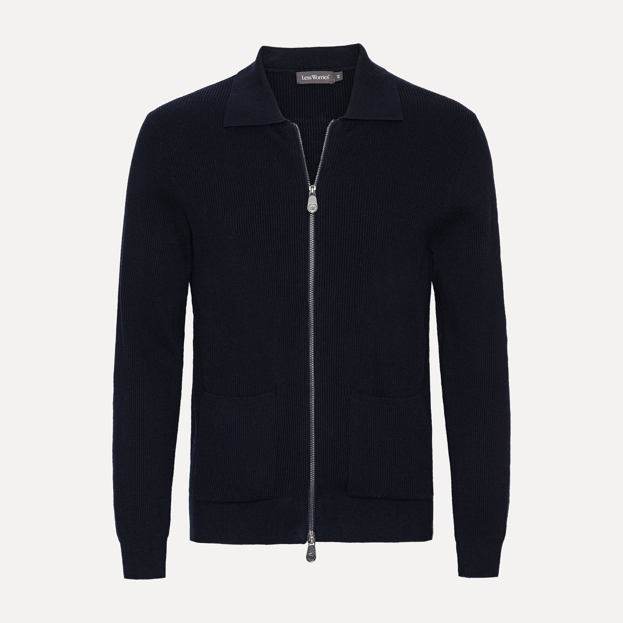 Ribbstickad Cardigan i Bomull, Marinblå