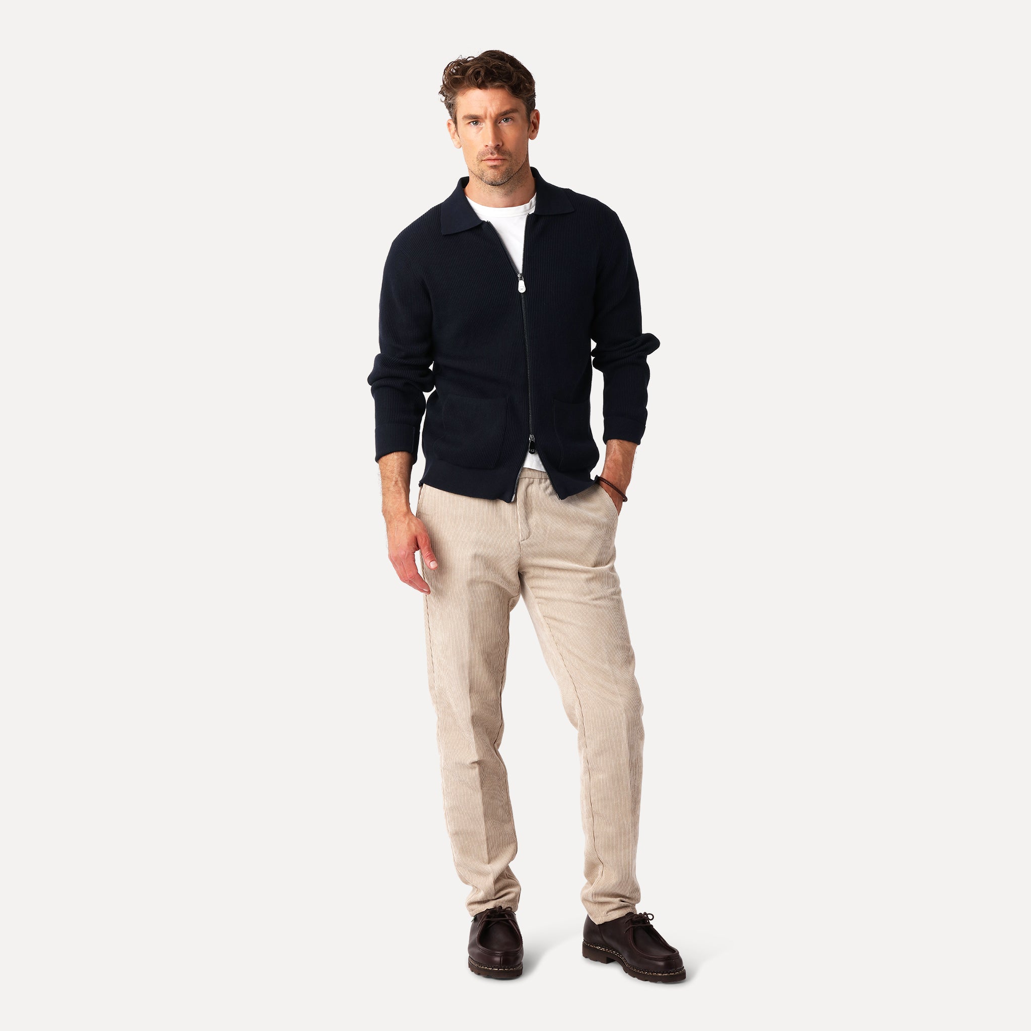 Ribbstickad Cardigan i Bomull, Marinblå