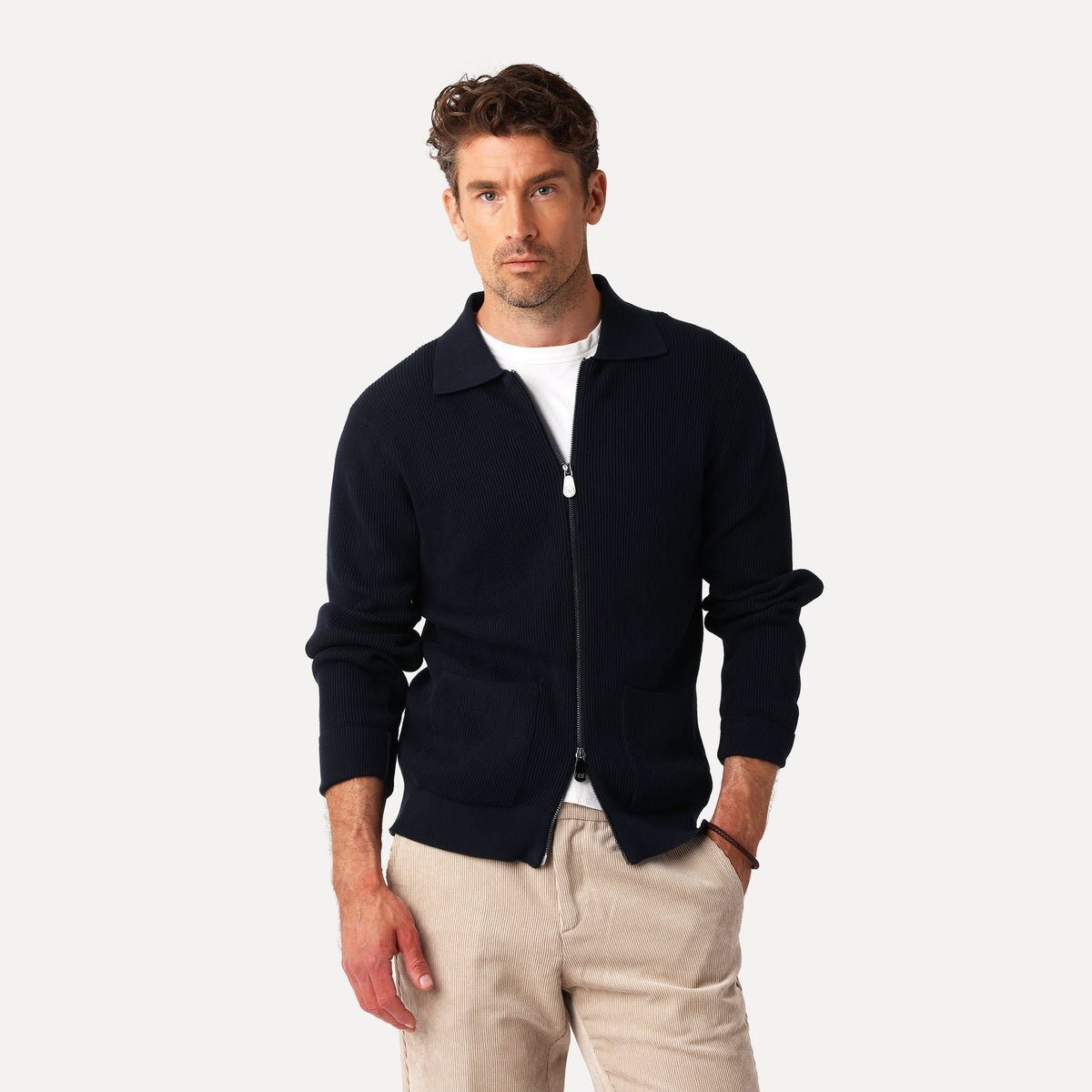 Ribbstickad Cardigan i Bomull, Marinblå