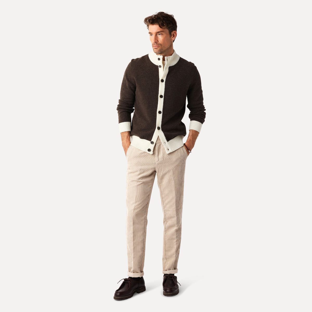 Tvåfärgad Cardigan, Nougat/Off-white