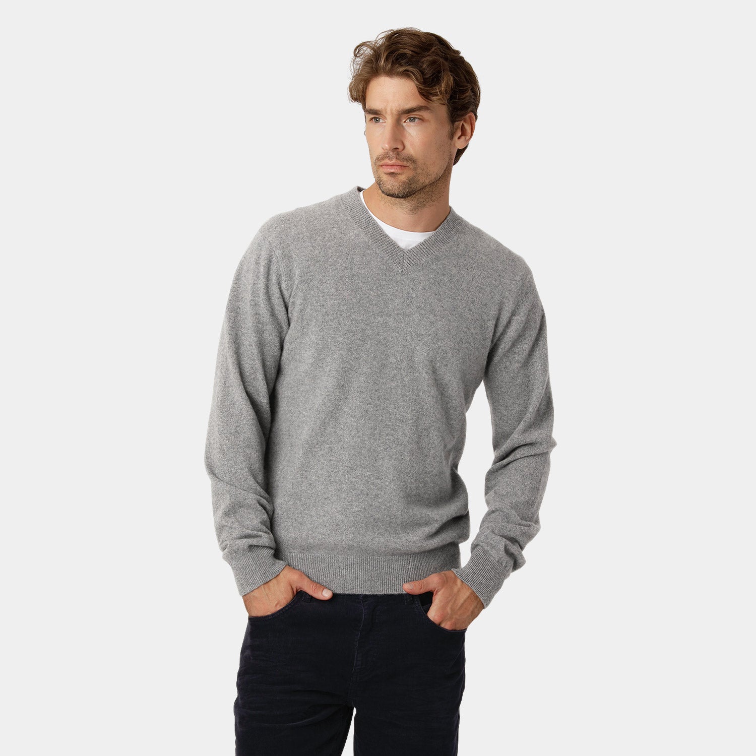 Grey Melange V-neck Cashmere