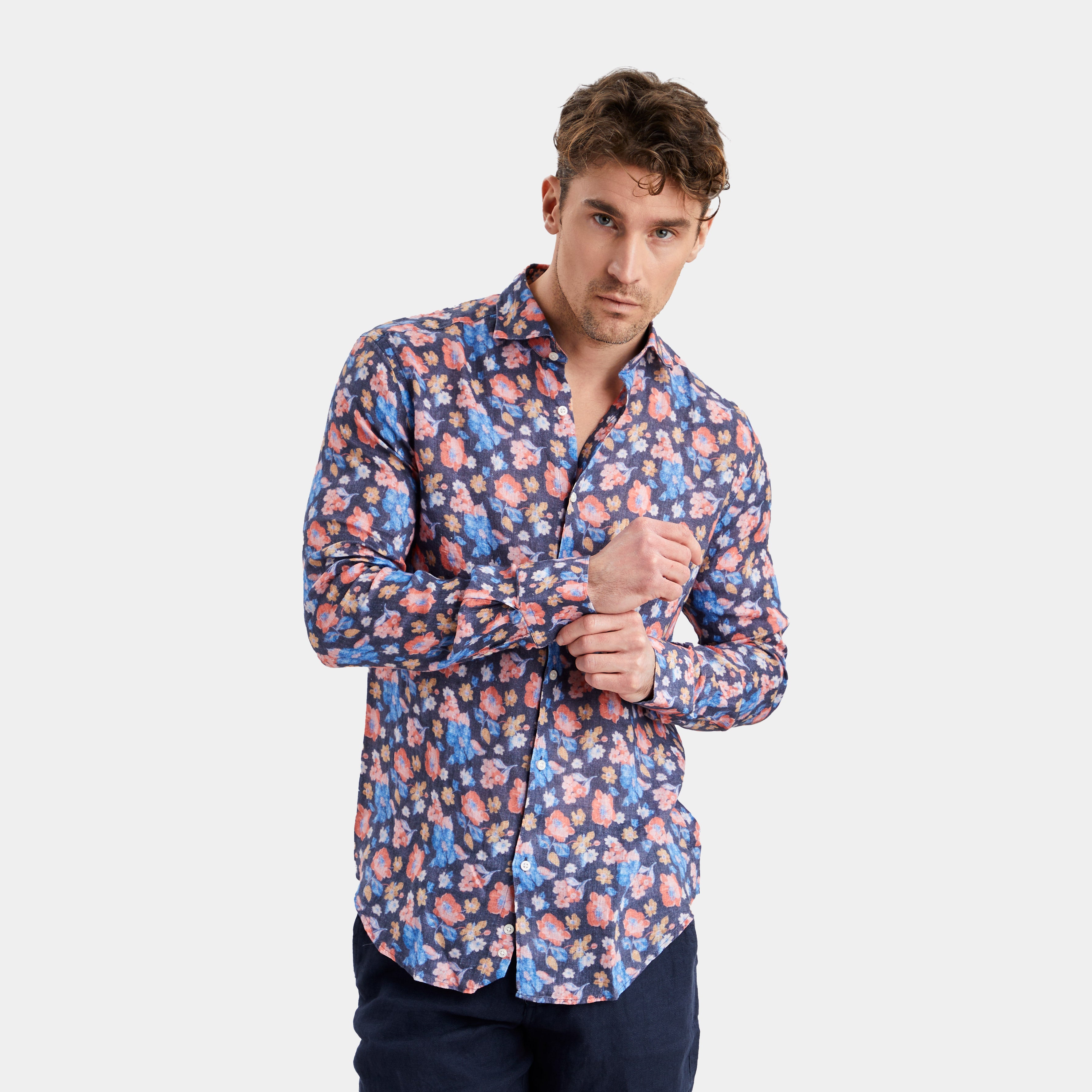 Navy Flower Linen Shirt