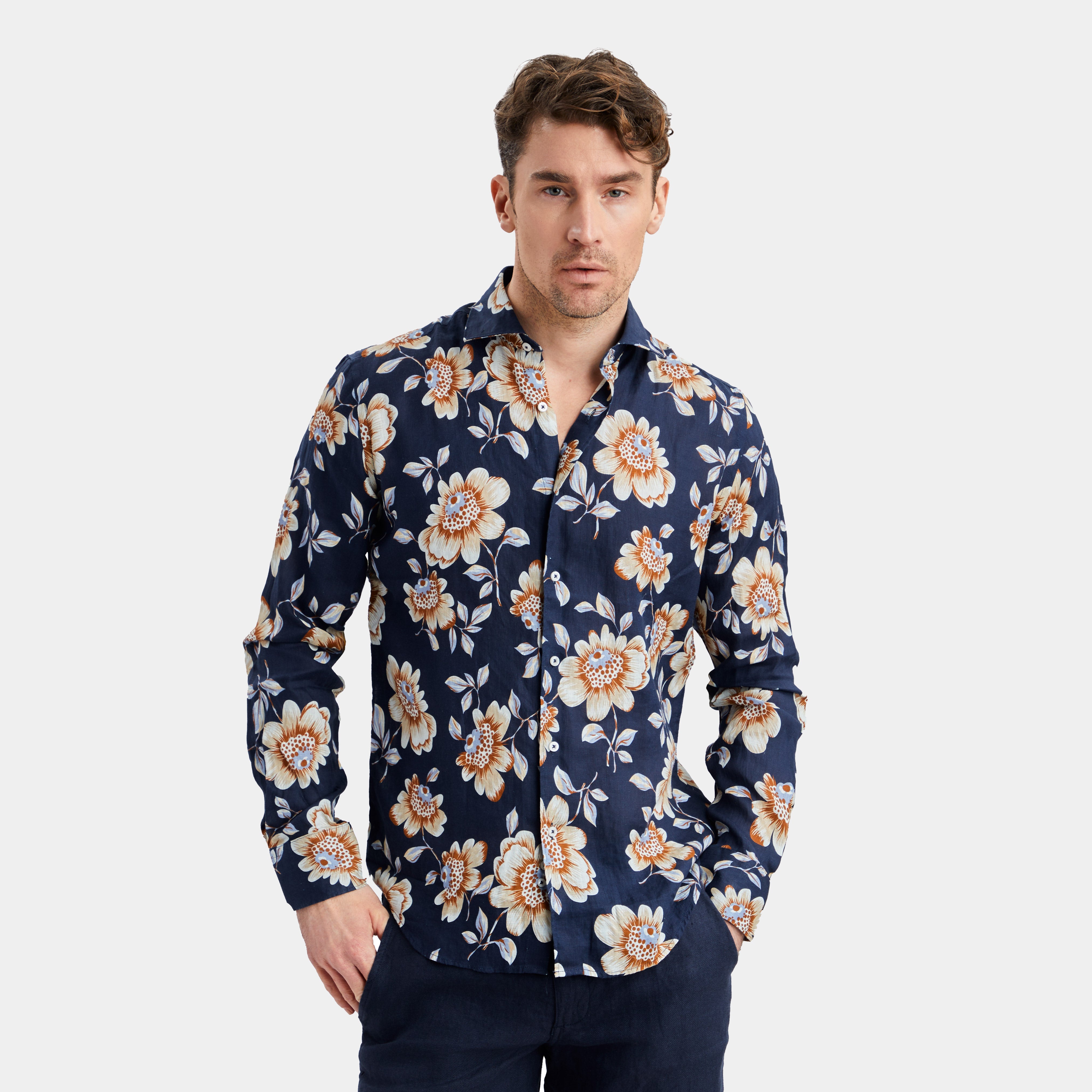 Marinblå Blommönstrad Linneskjorta