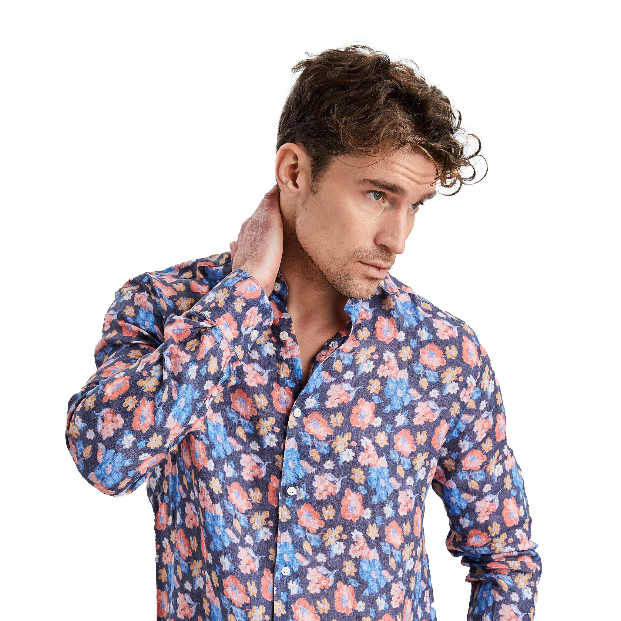 Exklusiv linneskjorta i 100% bomull i ett somrigt blommönster