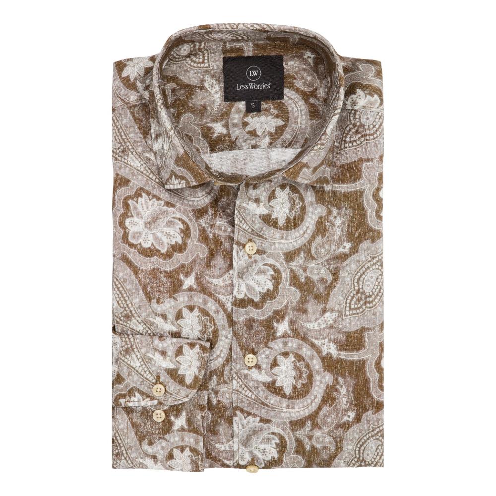 Brown linen shirt with a distinctive paisley print for men.