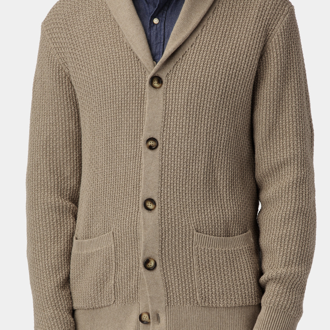 Detail shot of the Taupe Cotton Cardigan’s fine-knit texture and classic ribbed hem.