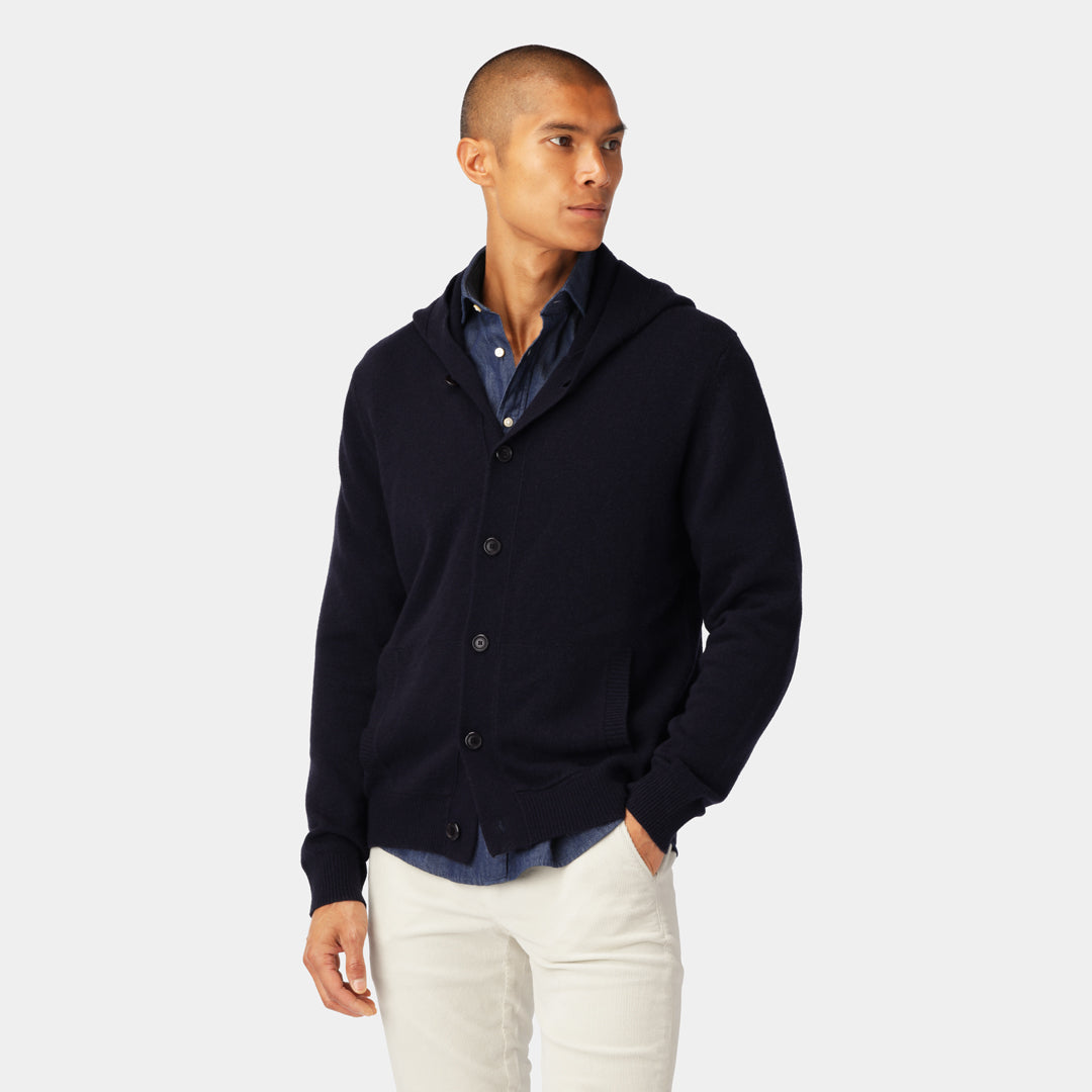 Navy cardigan hoodie in 100% wool for men.
