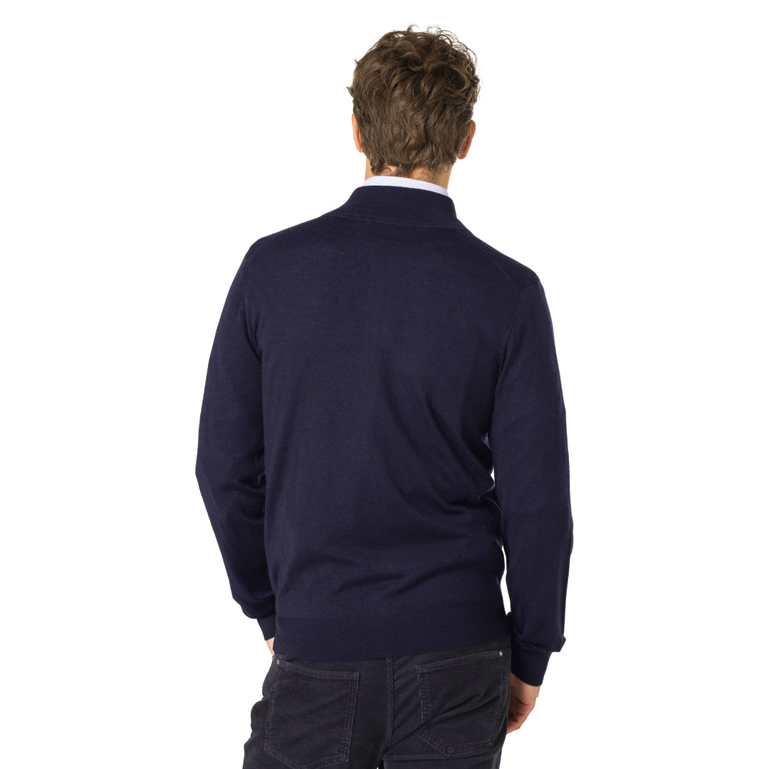 Back view of the navy Merino Cardigan for men highlighting its relaxed fit and elegant fine-knit texture.