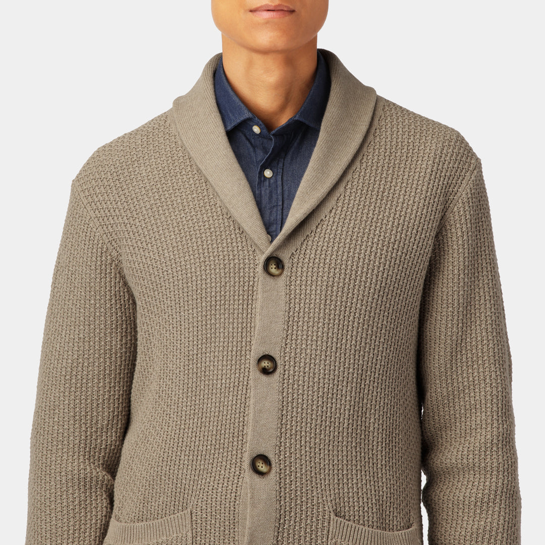 Front shot of our Taupe Cotton Cardigan’s for him.