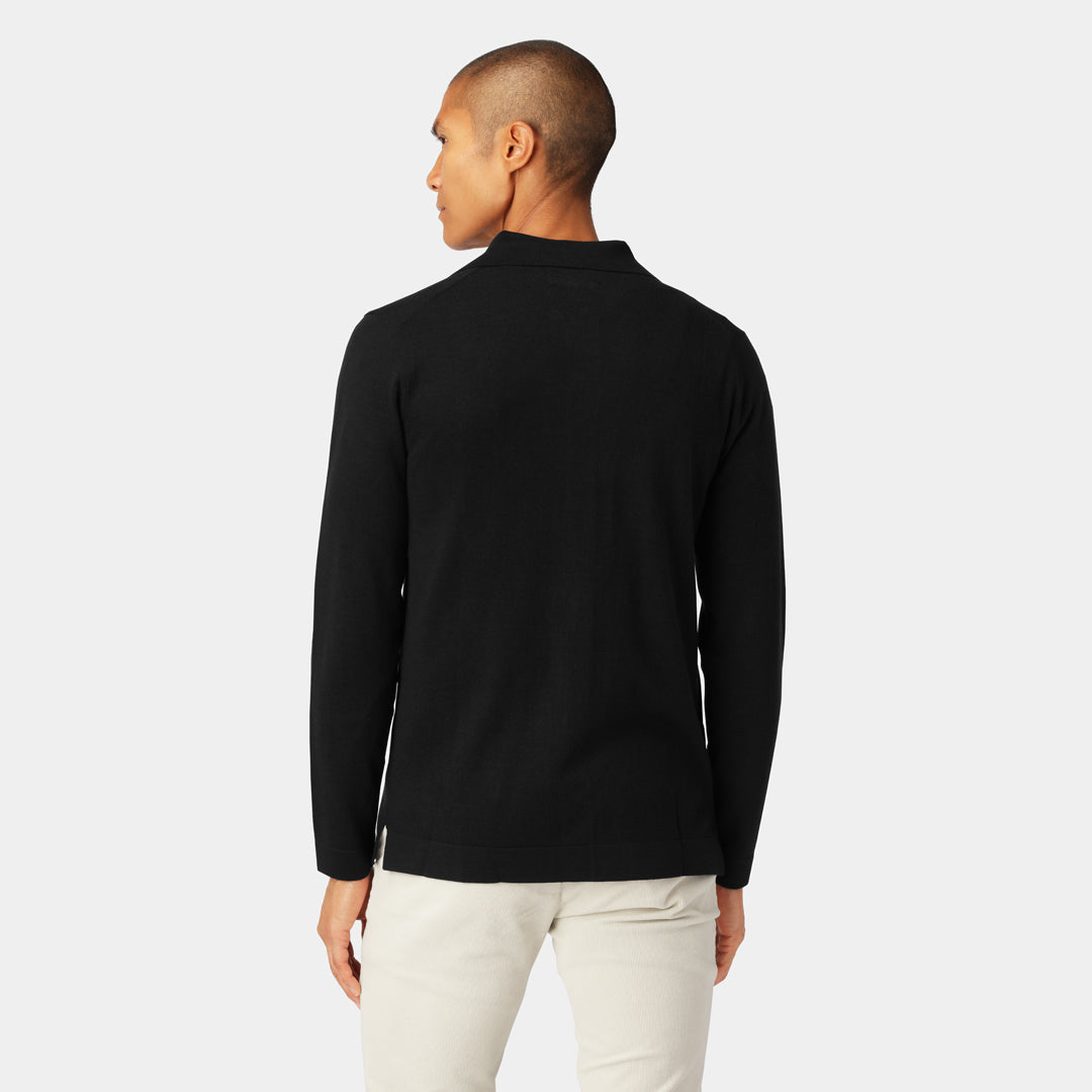 Back view of the Navy Shirt Cardigan for men highlighting the smooth, lightweight merino wool fabric.