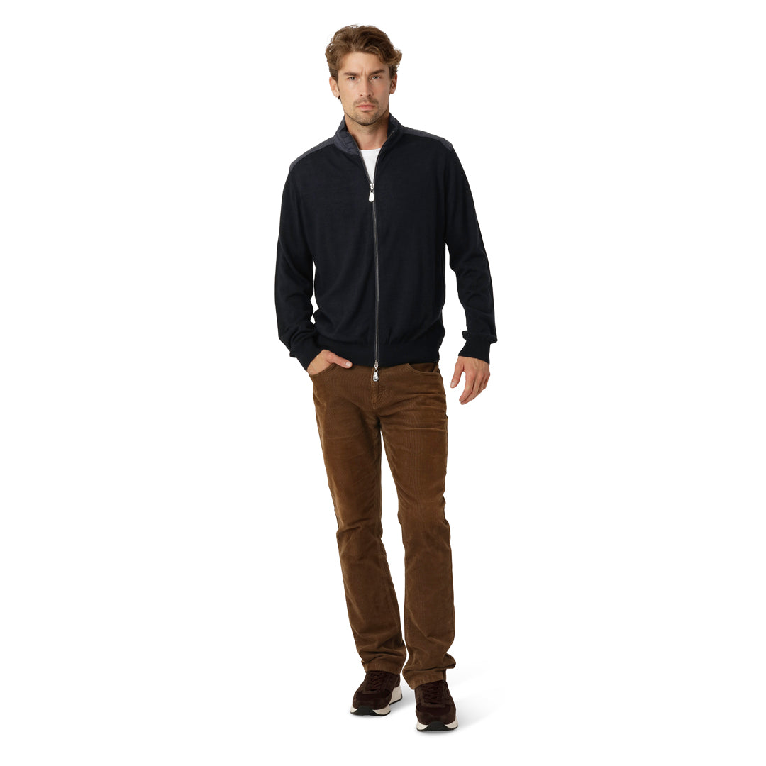 Navy Zip Cardigan for men with full-zip closure, crafted from a merino wool blend.