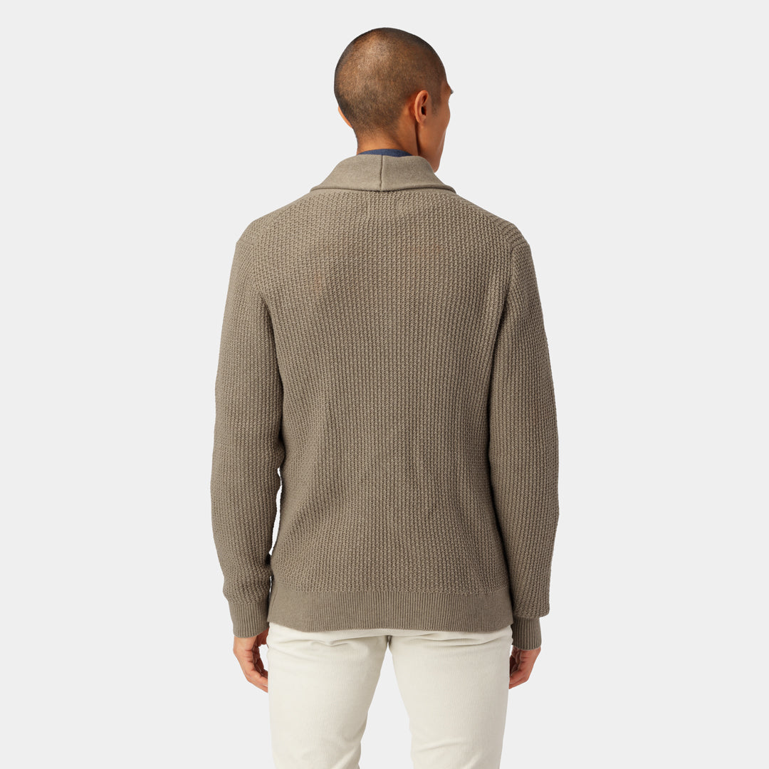Back view of the Taupe Cotton Cardigan for men, showcasing the lightweight knit and relaxed fit.