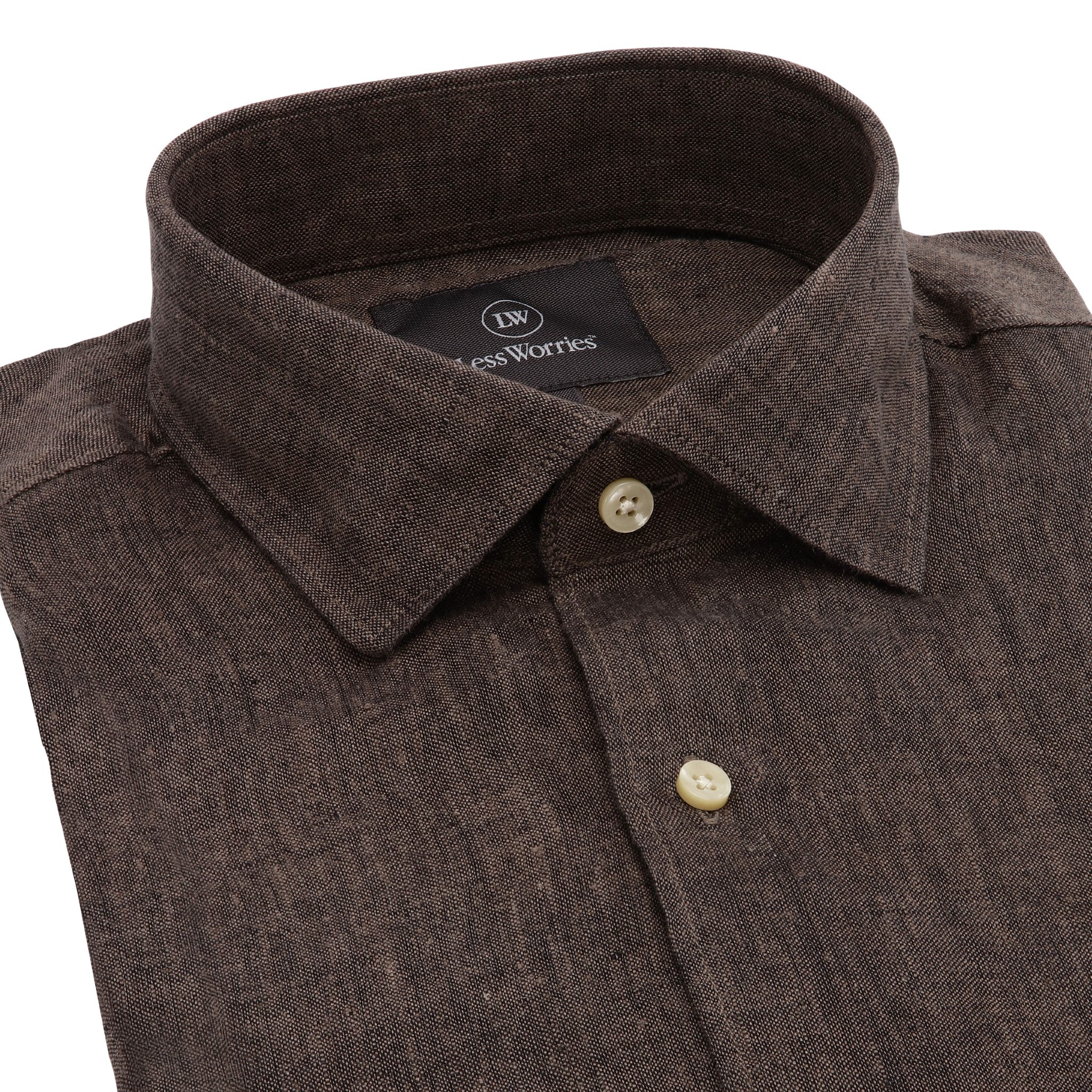 Brown linen shirt with a cutaway collar