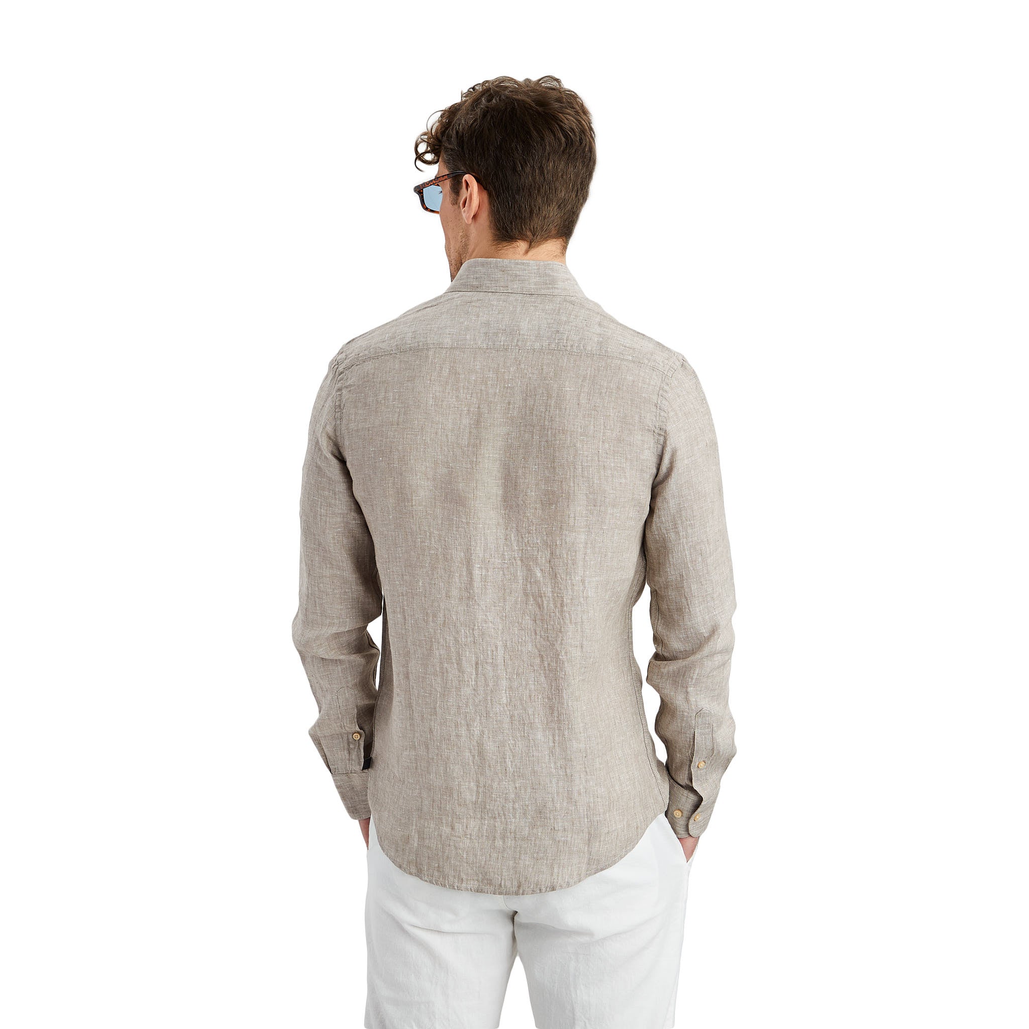 Stay cool in a beige linen shirt from Less Worries.