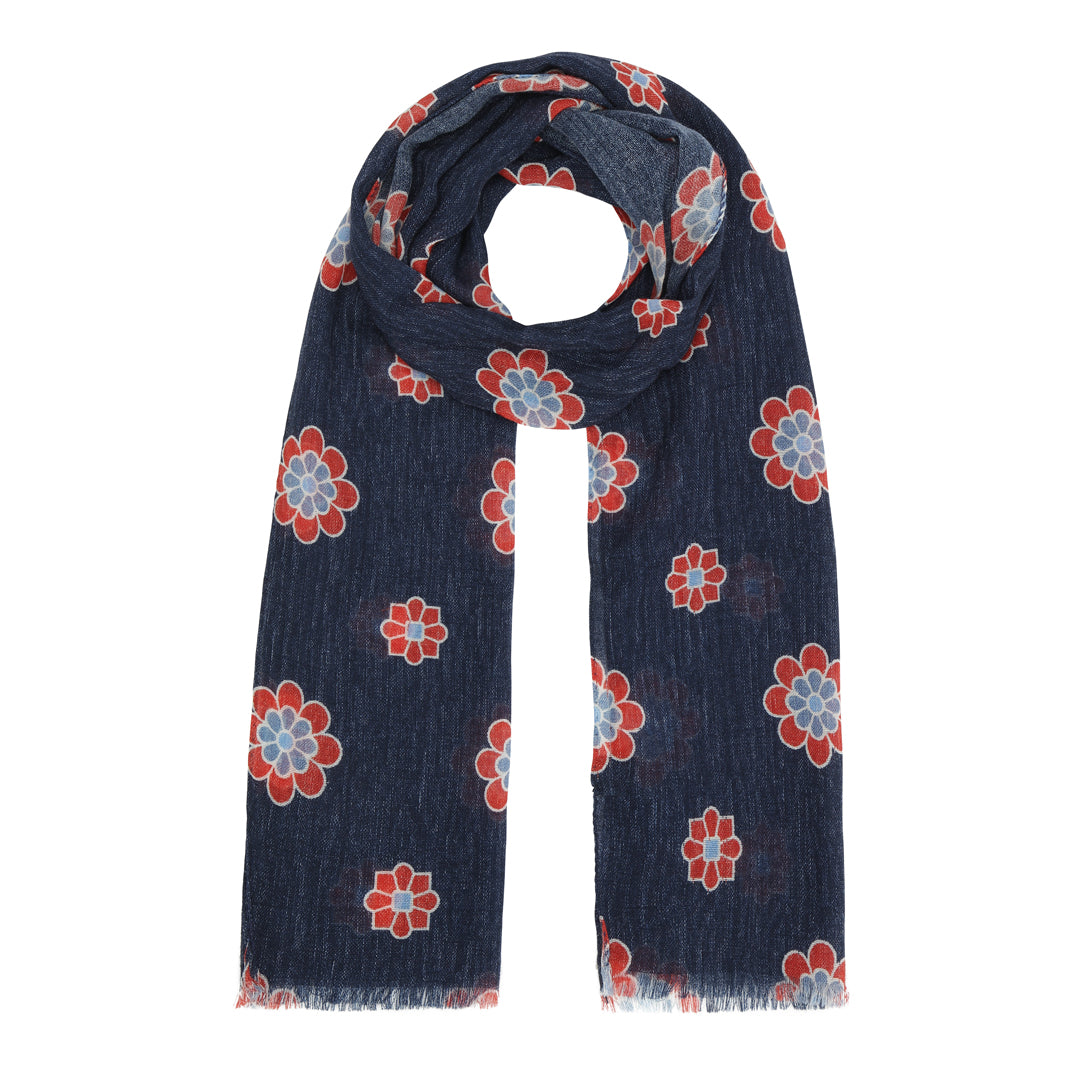 Navy Flower Wool Scarf