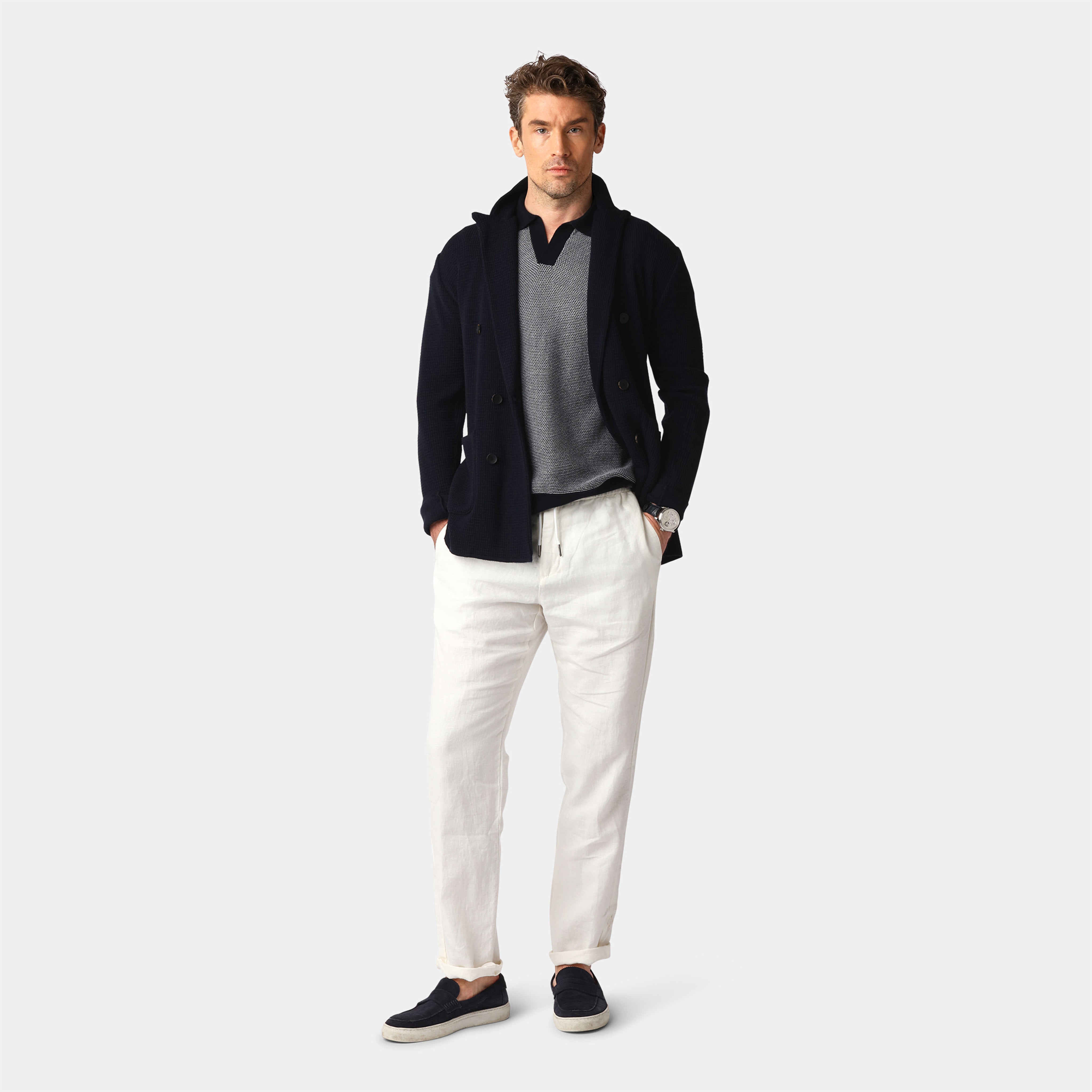 Navy Jacquard Knitted Polo