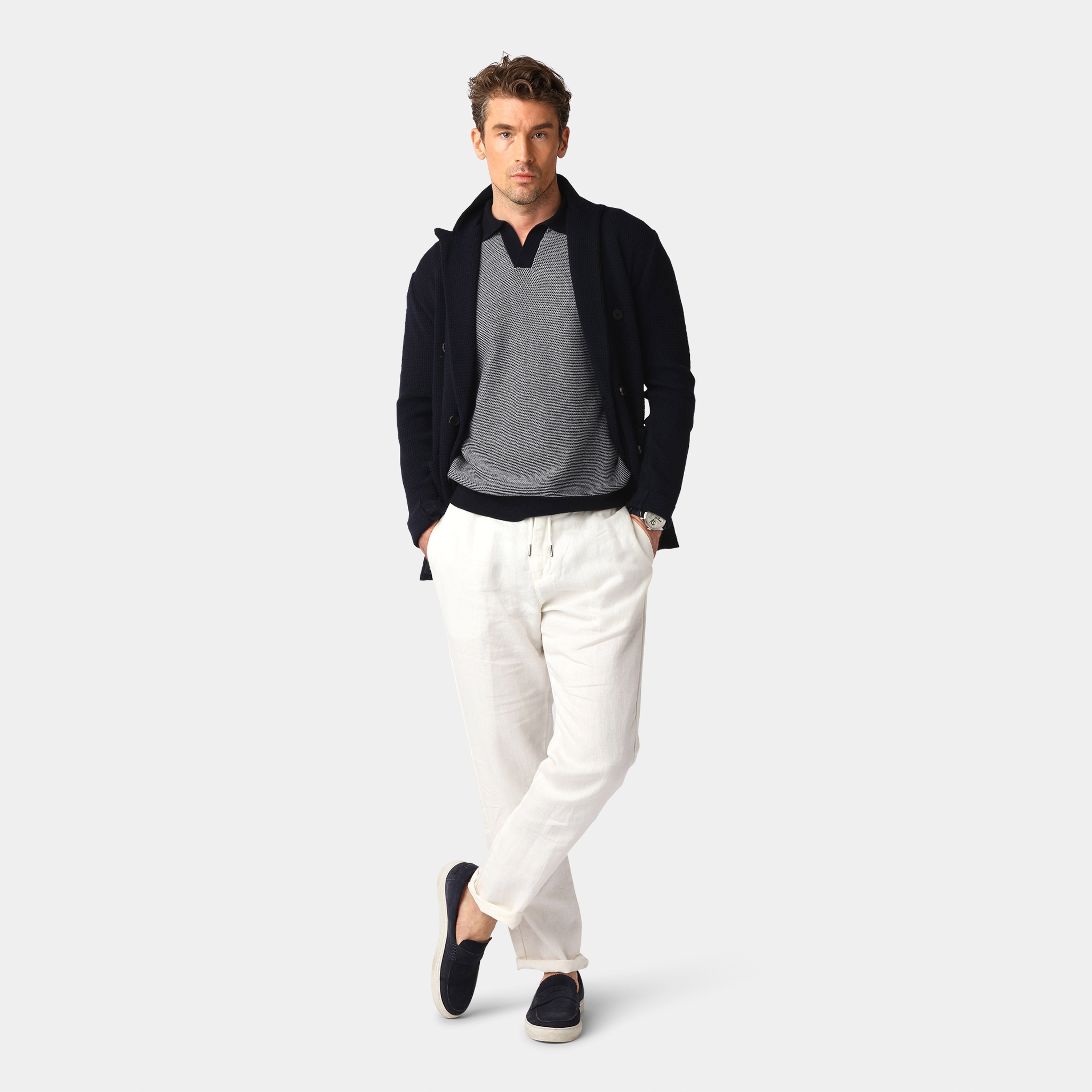 Navy Jacquard Knitted Polo