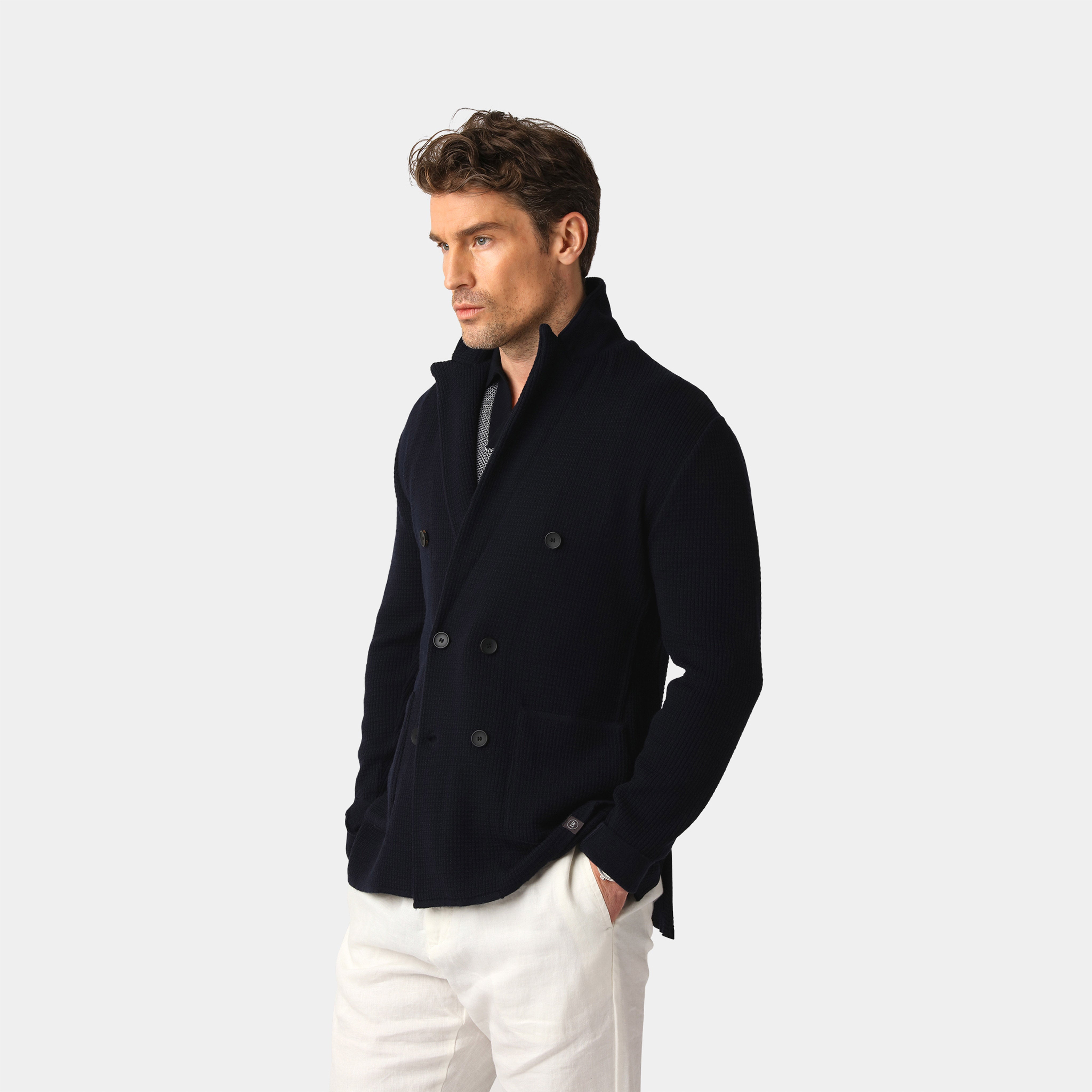 Navy Tuck Stitch Blazer – 100% Merino Wool