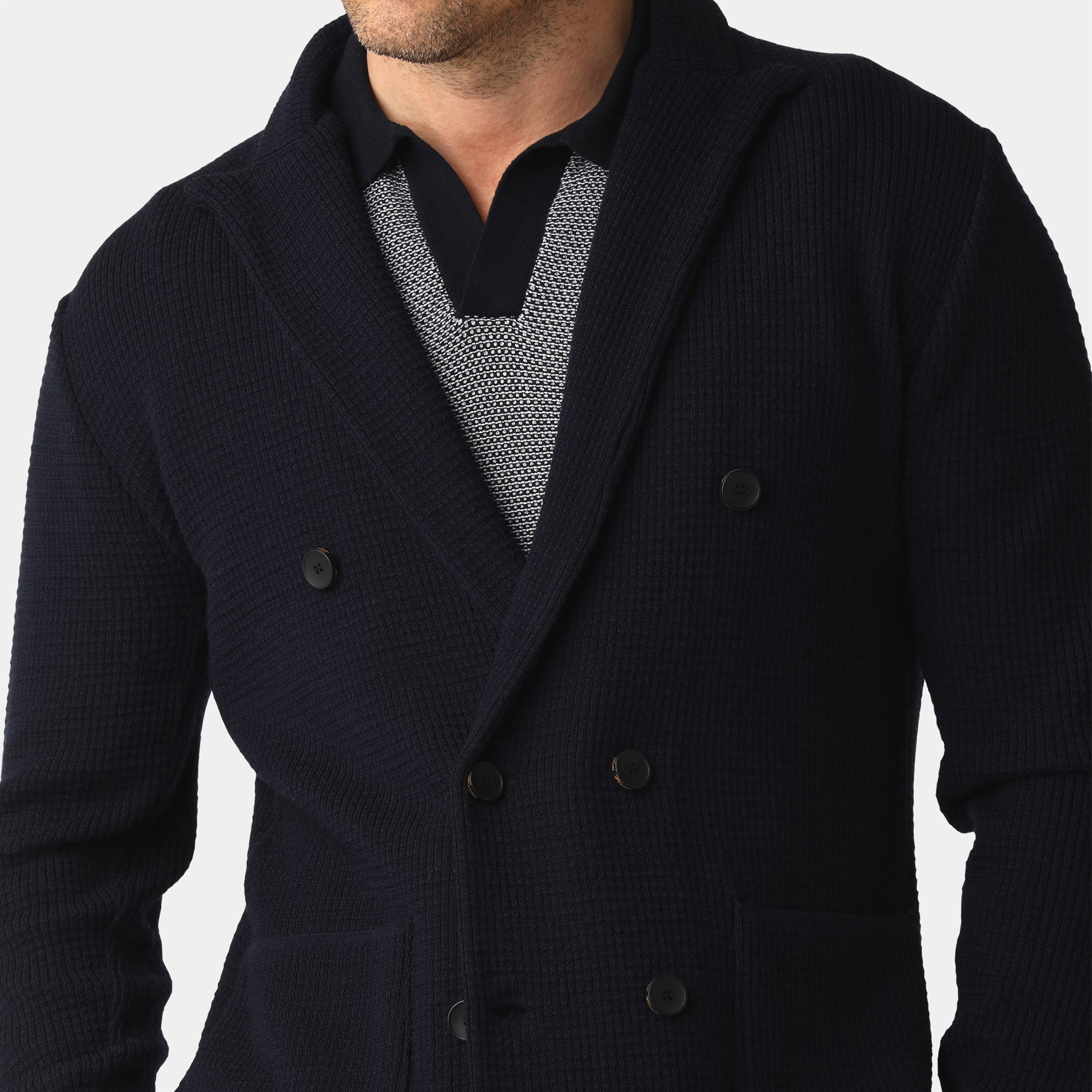 Navy Tuck Stitch Blazer – 100% Merino Wool