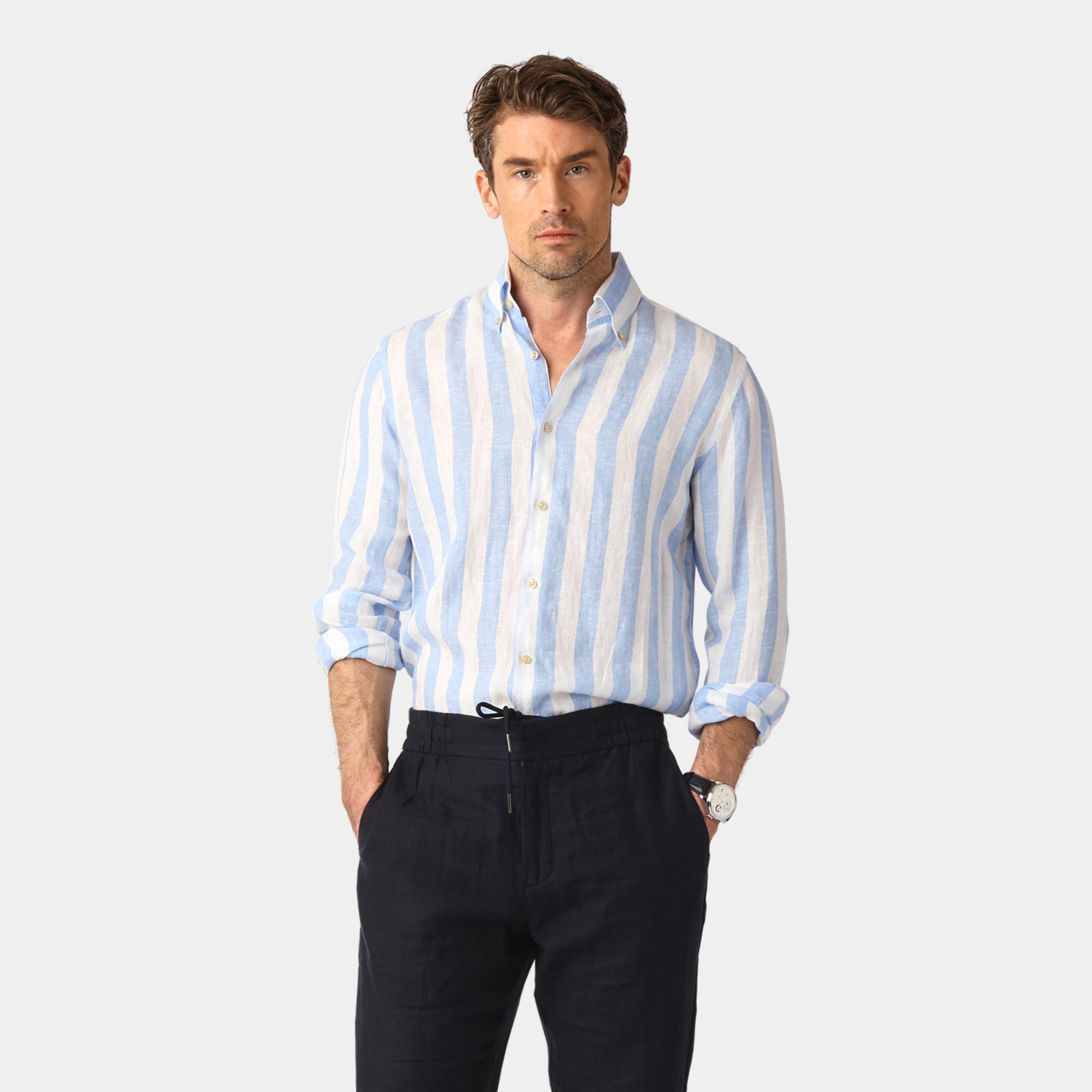 Blue Block Stripe Linen Shirt