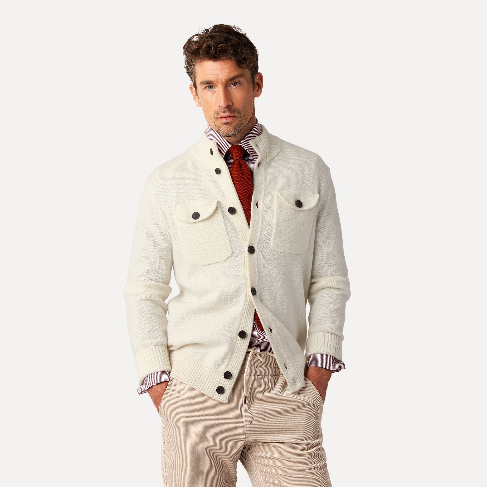 Cardigan med Fickor, Off-white