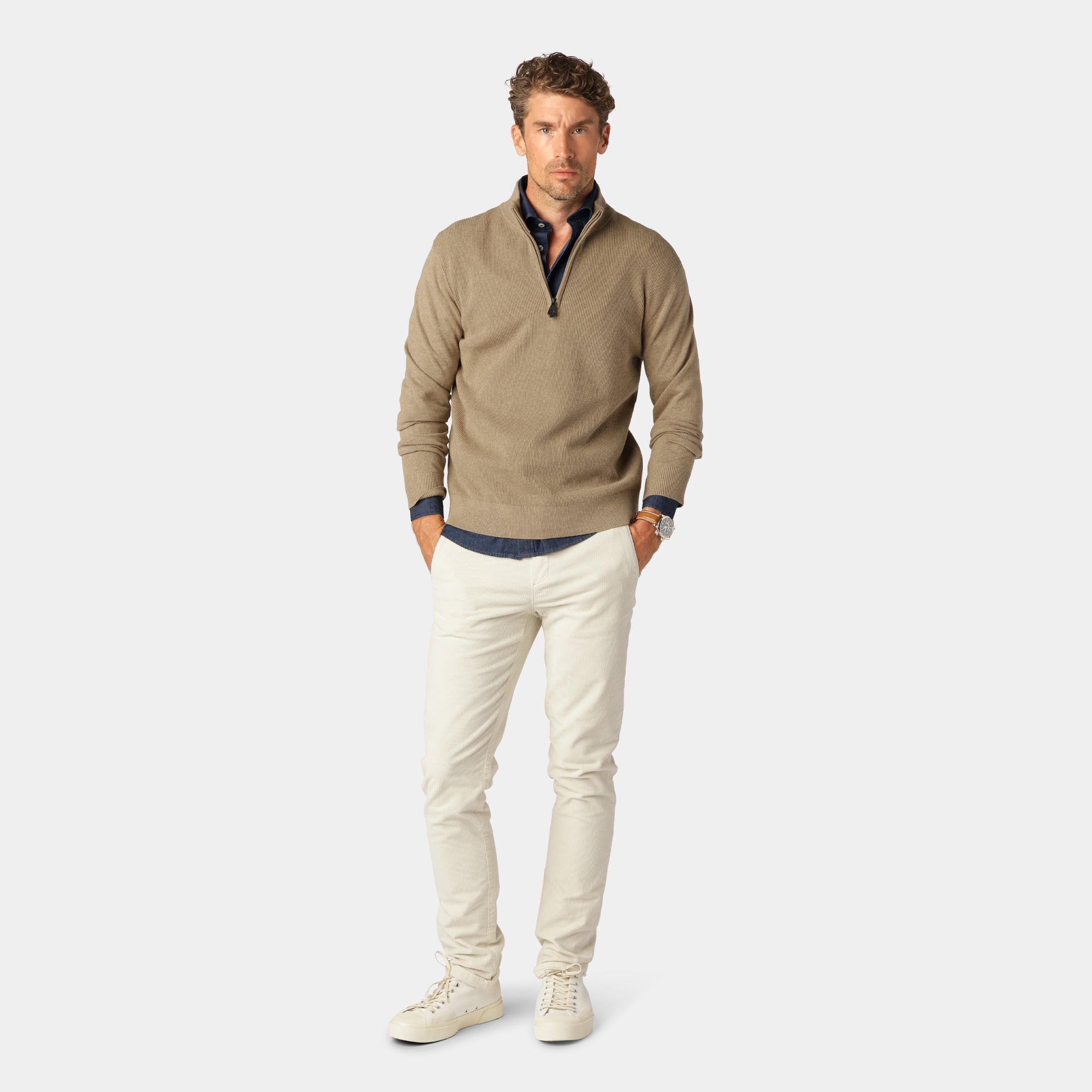 Sand stickad Half-Zip-tröja