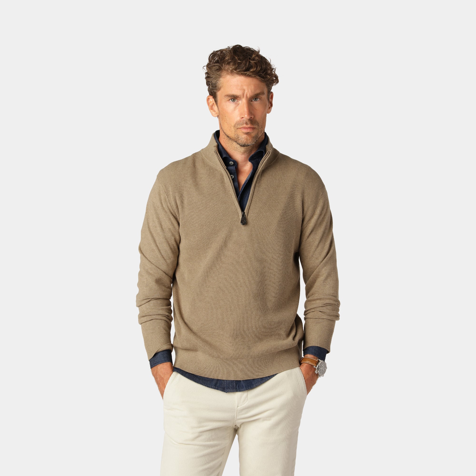 Sand stickad Half-Zip-tröja